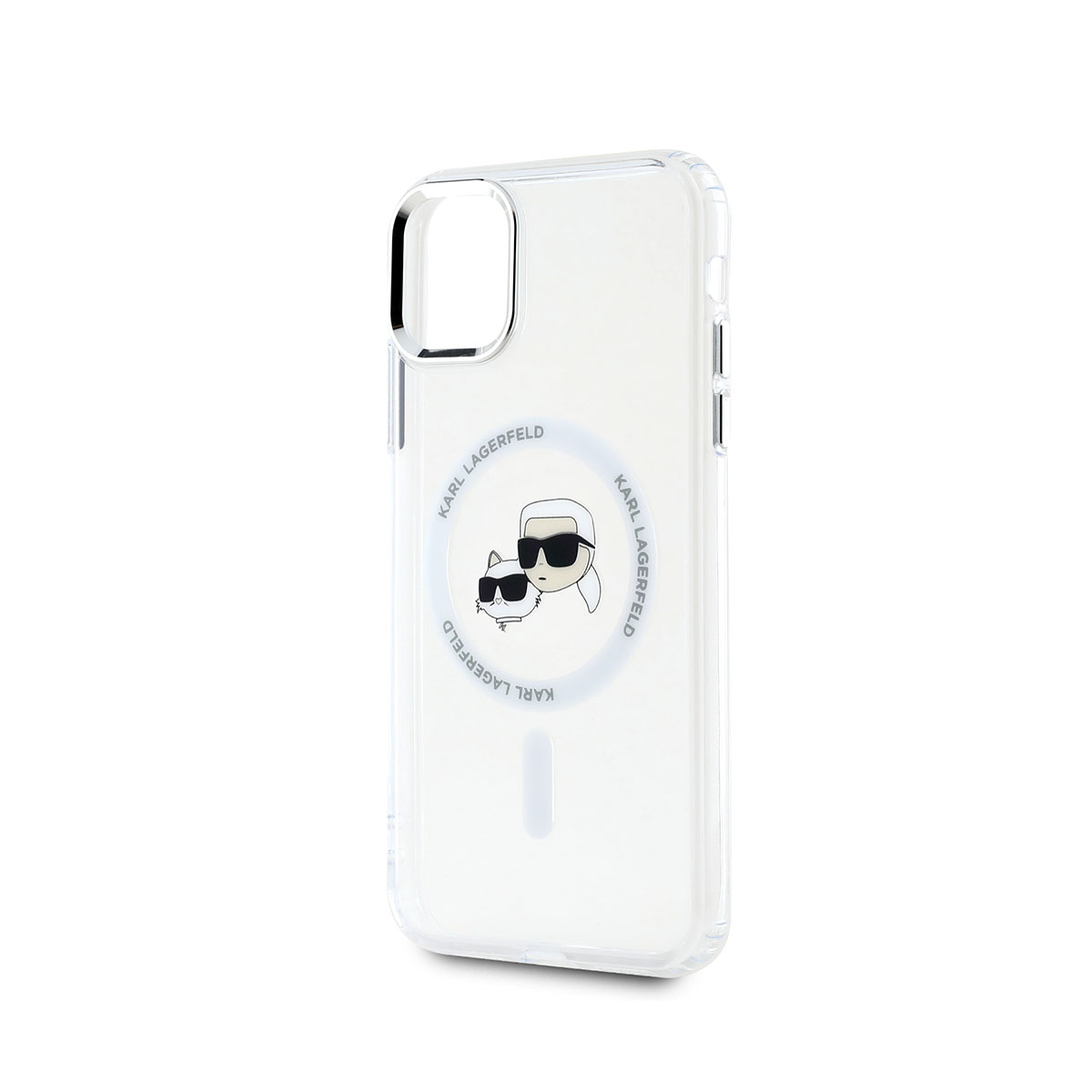 Custodia trasparente per iPhone con design Karl Lagerfeld. Con cerchio bianco con gatto e logo.
