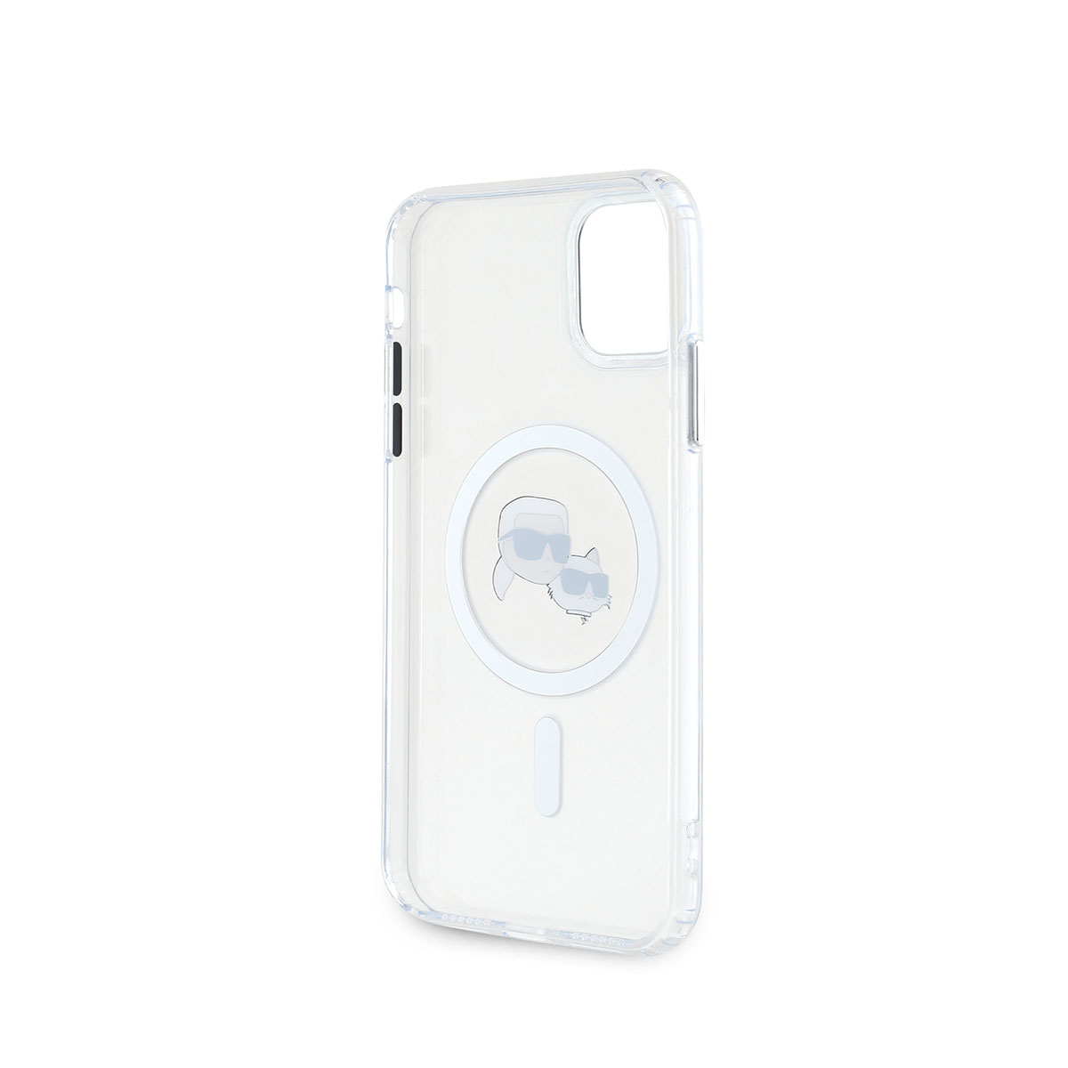 Custodia trasparente per iPhone con design Karl Lagerfeld. Cerchio bianco con gatto e logo.