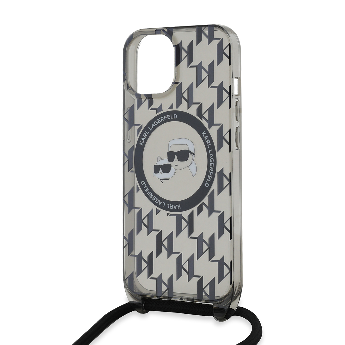 Transparente iPhone-Hülle mit Karl Lagerfeld-Design. Mit schwarzem Umhängeband und Logo.