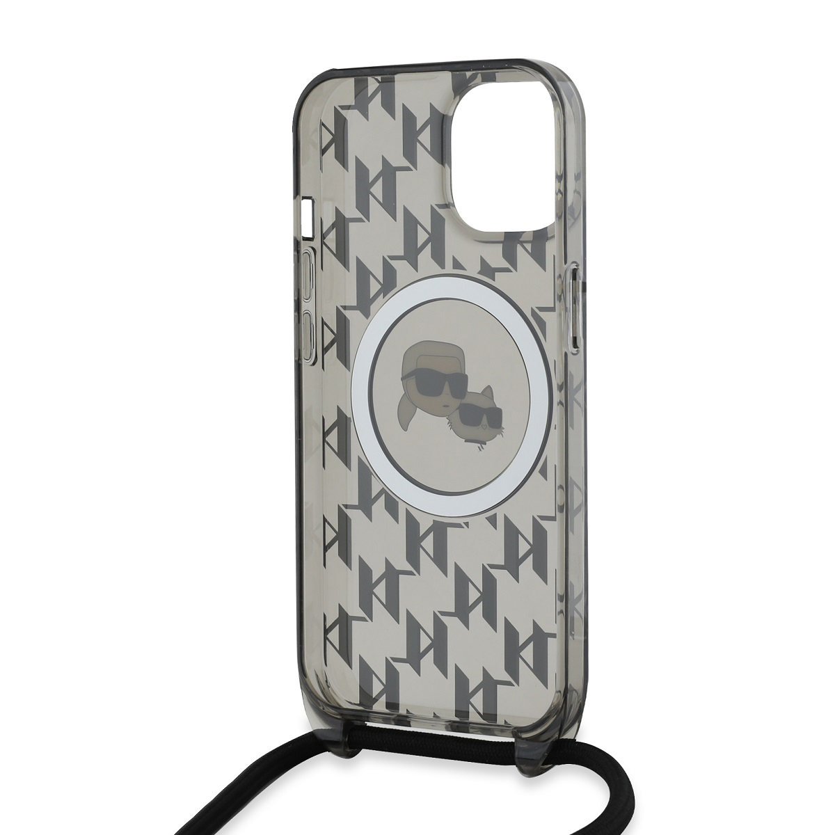 Eine iPhone-Hülle mit Karl Lagerfeld-Design und schwarzem Umhängeband. Mit Katzen-Logo.
