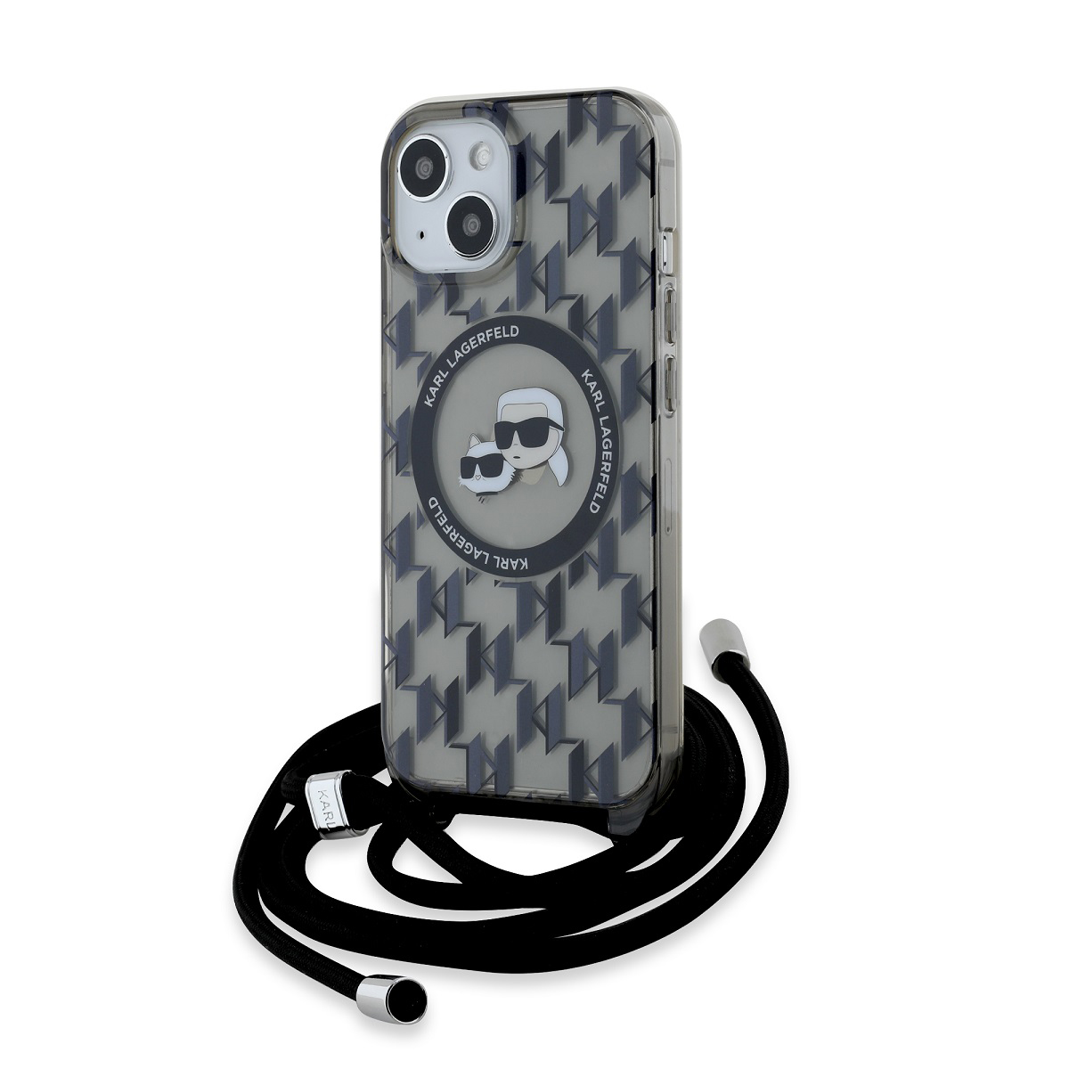 Eine iPhone-Hülle mit Karl Lagerfeld-Design und schwarzem Umhängeband. Mit Katzen-Logo.