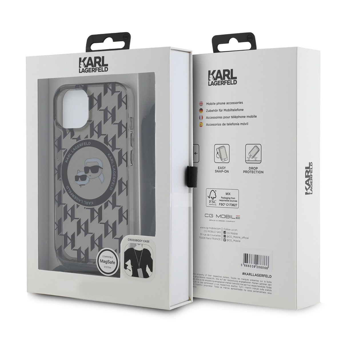 Transparente Handyhülle in einer Box, graues Design, zwei Seiten sichtbar. Hülle mit Karl Lagerfeld Logo.