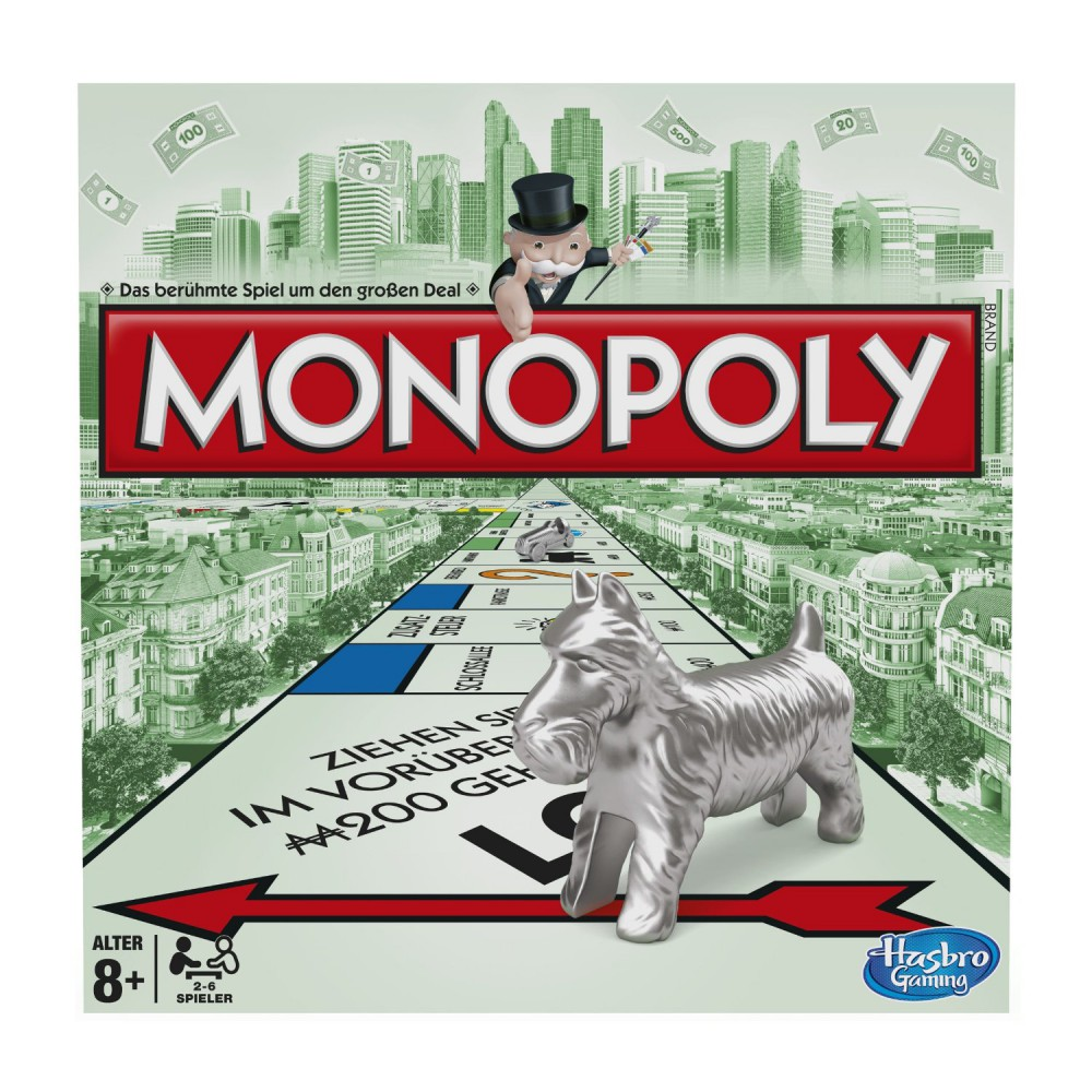 Monopoly-Brettspielbox mit Stadtkulisse im Hintergrund und dem Monopoly-Mann, der Geld hält.