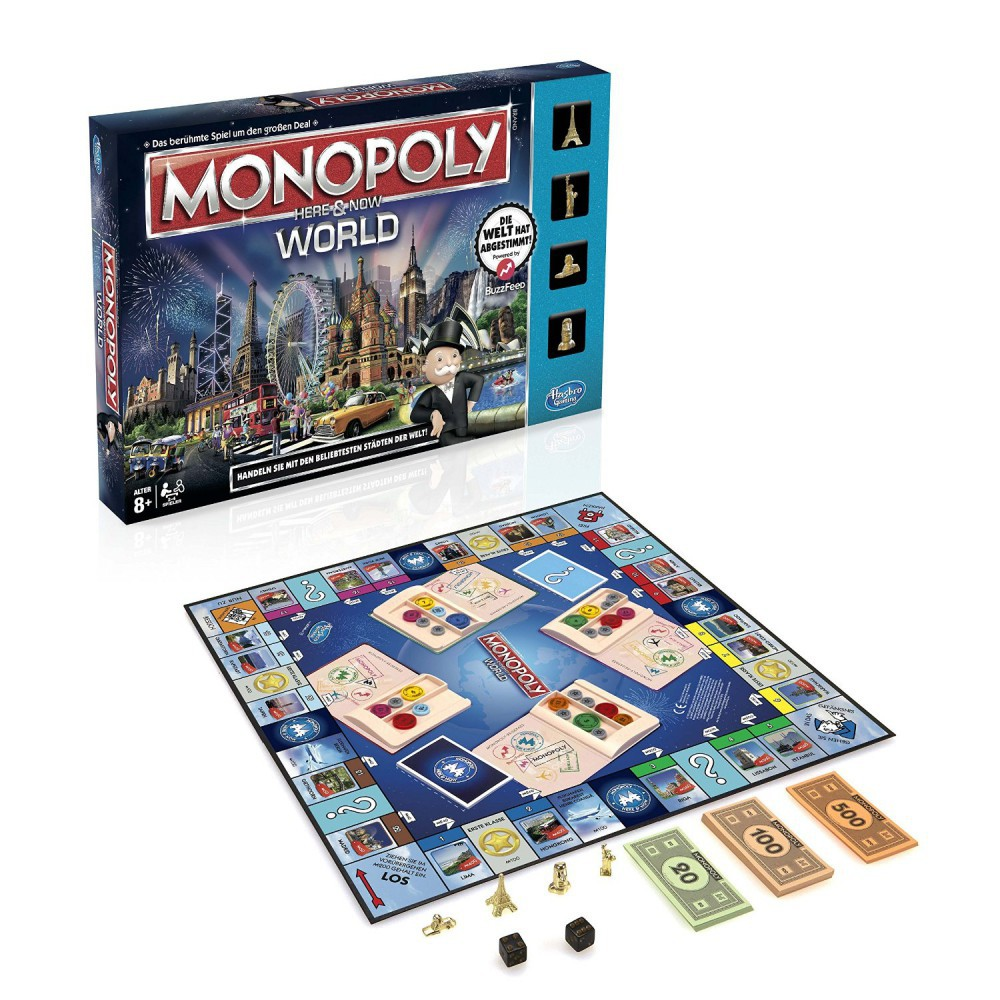 Monopoly Here & Now World Brettspielbox und Spielbrett. Spielfiguren, Würfel und Geld sind vorhanden.