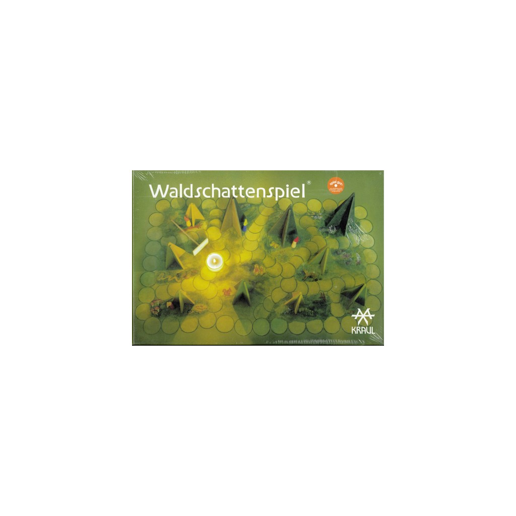 Das Brettspiel 'Waldschattenspiel' mit grünem Hintergrund und einer Spielbrett-Illustration.