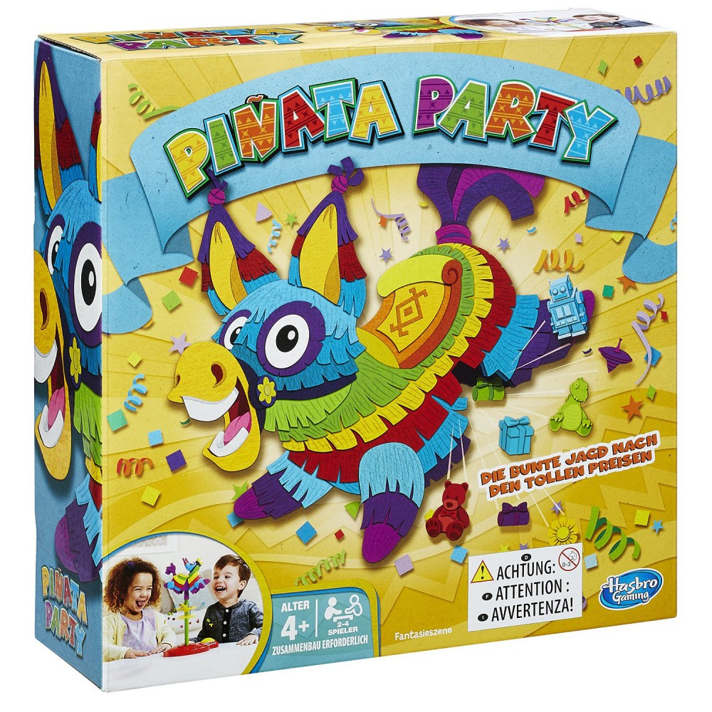 Piñata Party Brettspielbox, bunte Piñata, Kinder illustriert, festliches Design.