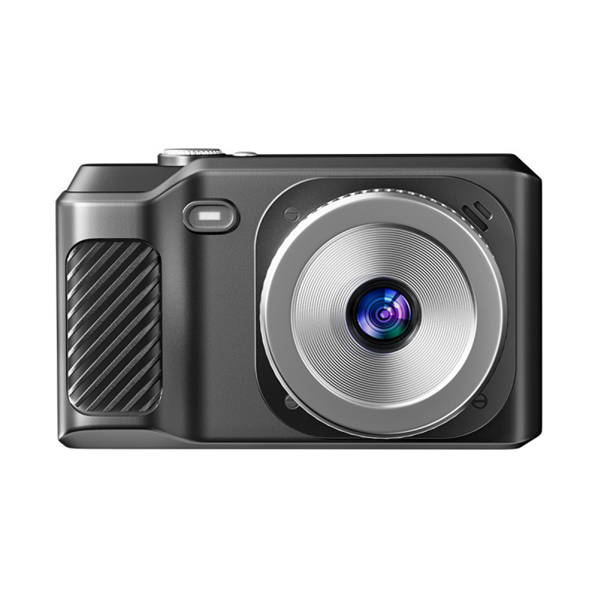 Zwarte digitale camera met zilveren lens.