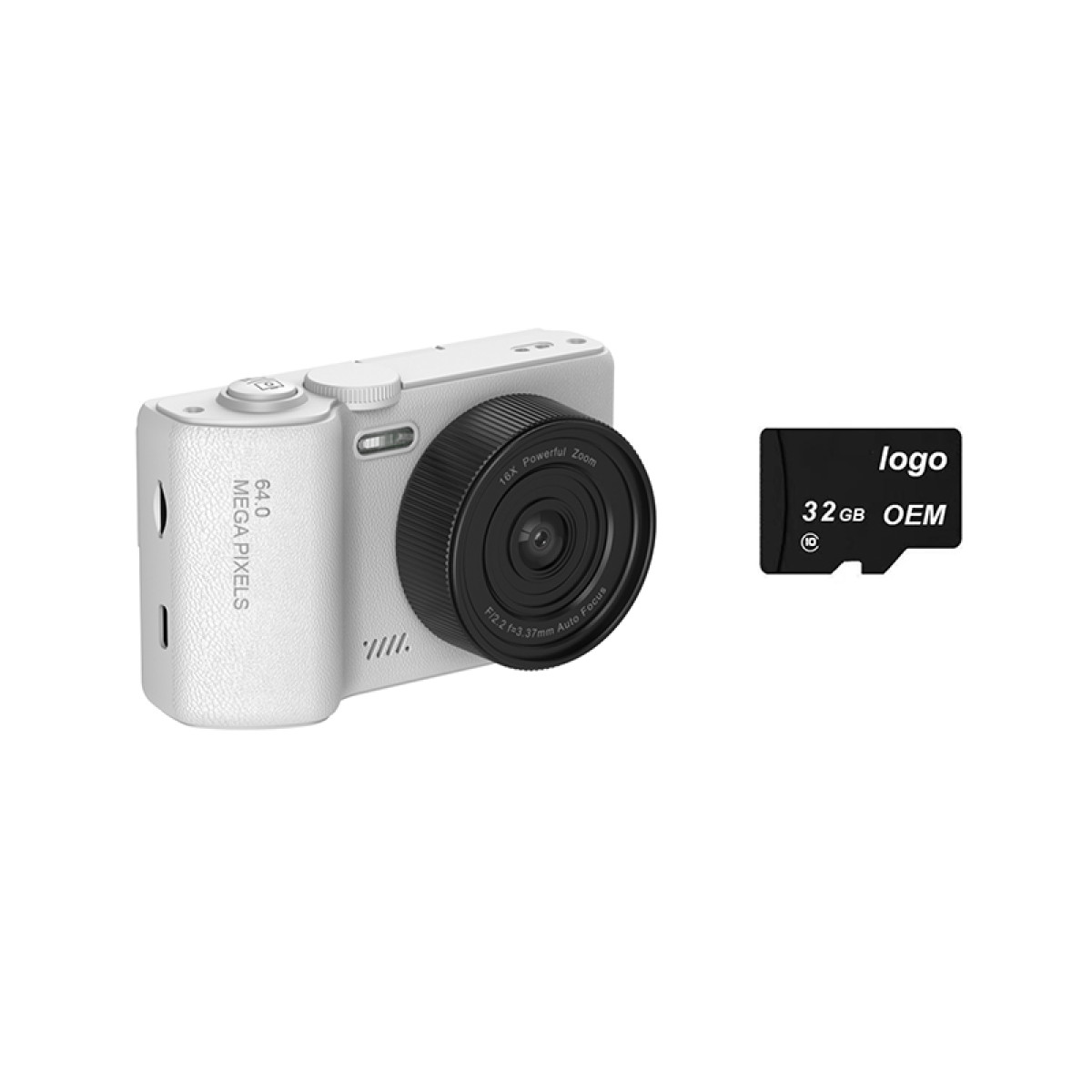 Witte digitale camera met lens en SD-kaart.