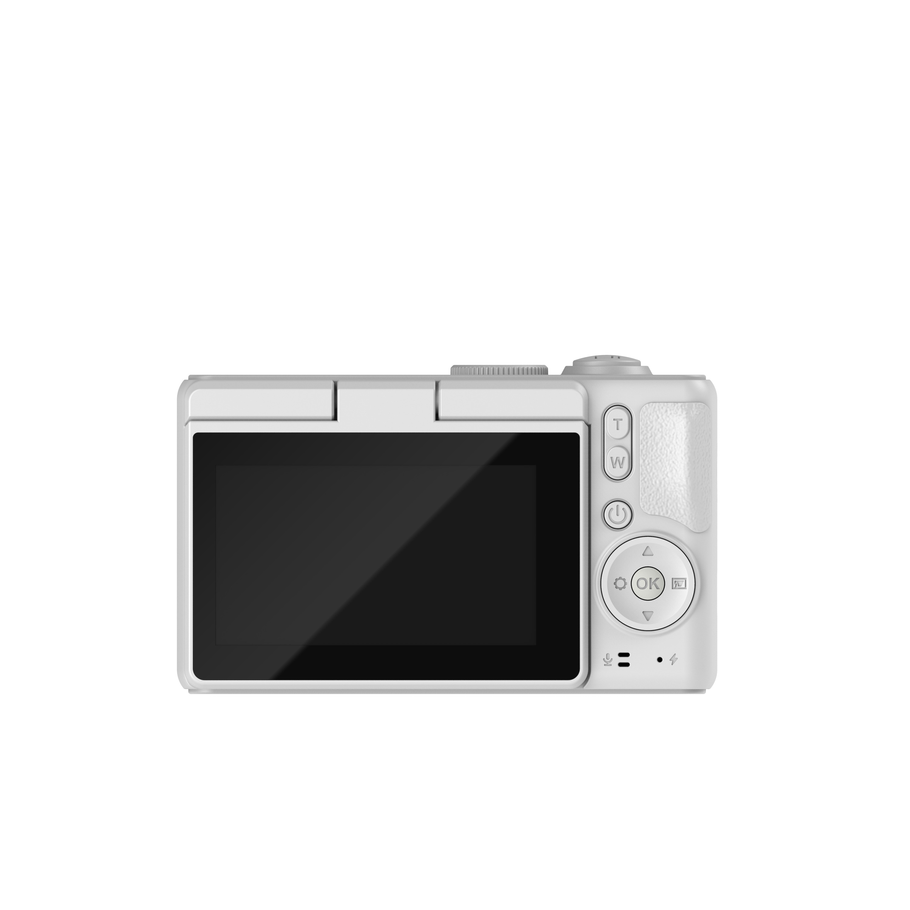 Achterkant van een witte digitale camera. Scherm uit, knoppen rechts. Witte achtergrond.