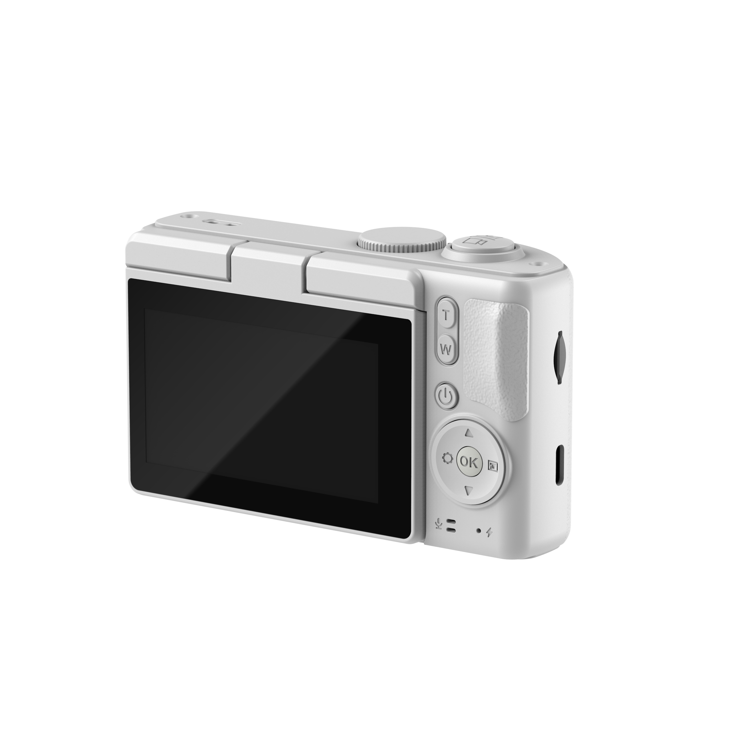Achterkant van een witte digitale camera. Scherm aan, knoppen rechts. Witte achtergrond.