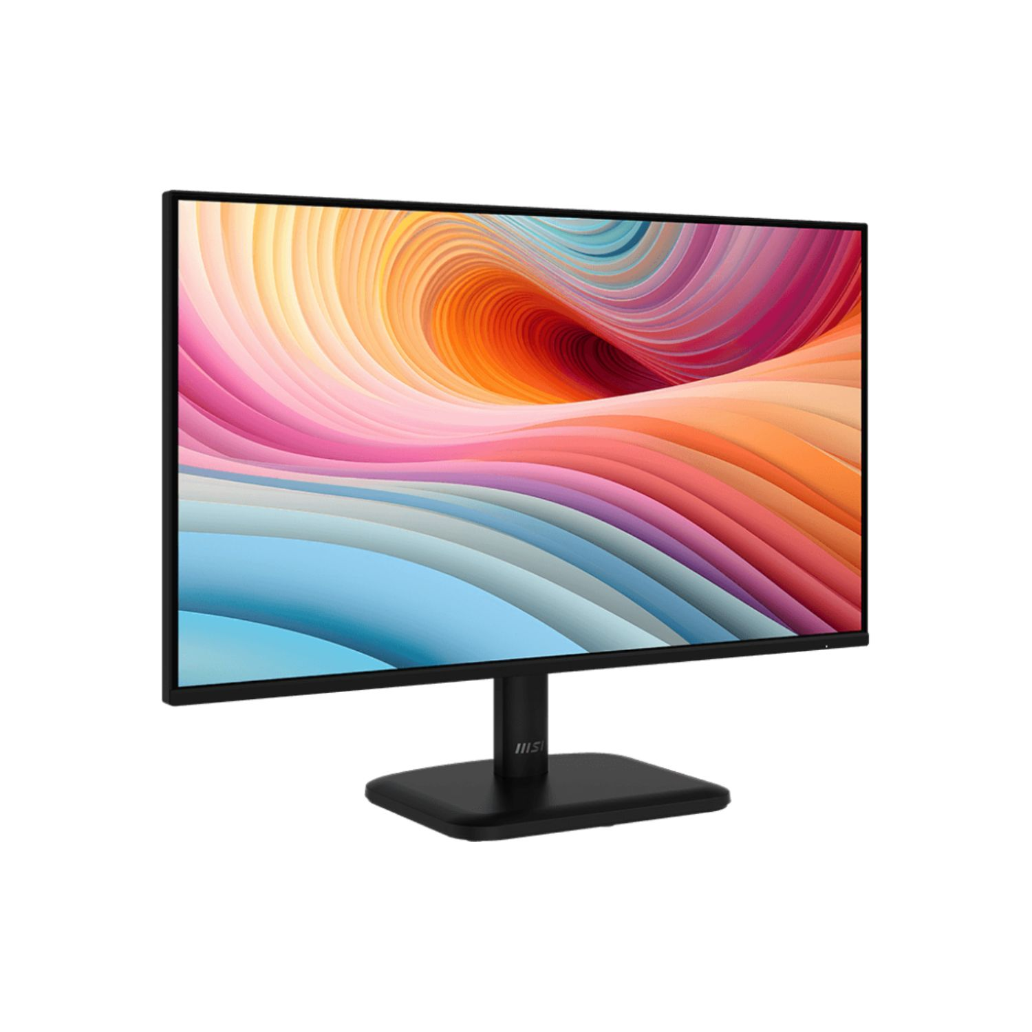 Czarny monitor z kolorowym abstrakcyjnym wyświetlaczem. Podstawa i stojak czarne. Białe tło.