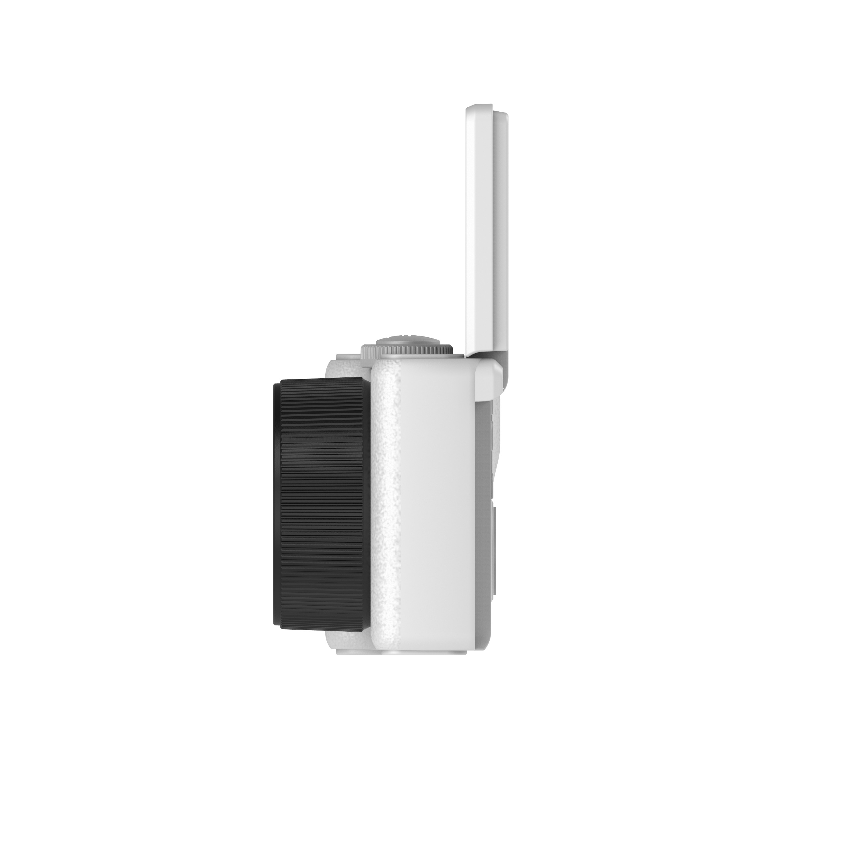 Zijaanzicht van een witte camera met zwarte grip, op een witte achtergrond.