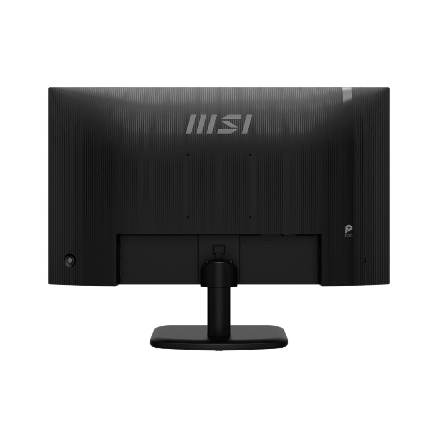 Widok z tyłu czarnego monitora komputera na czarnym stojaku. Białe tło.