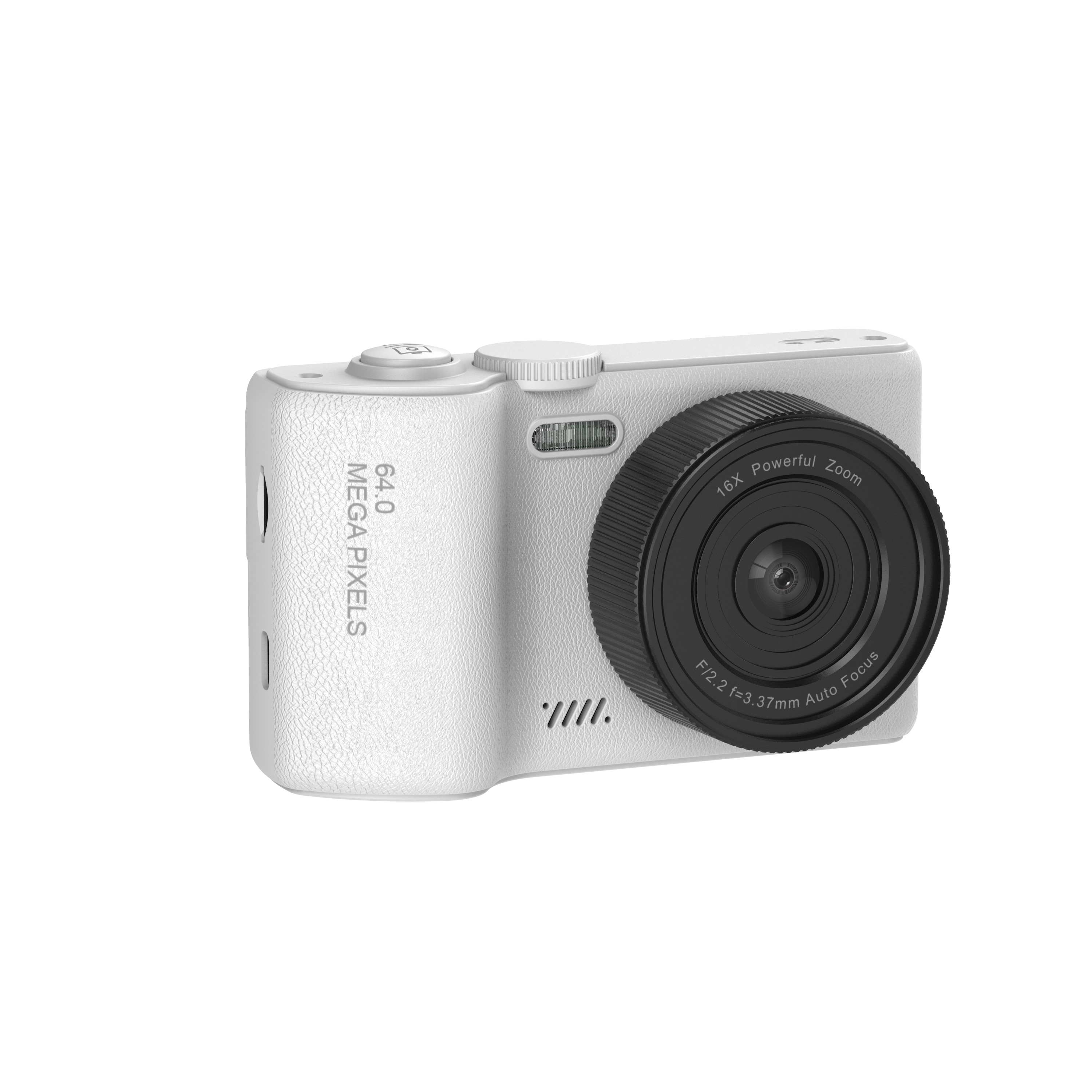 Witte digitale camera, zijaanzicht met lens en tekst. Witte achtergrond.
