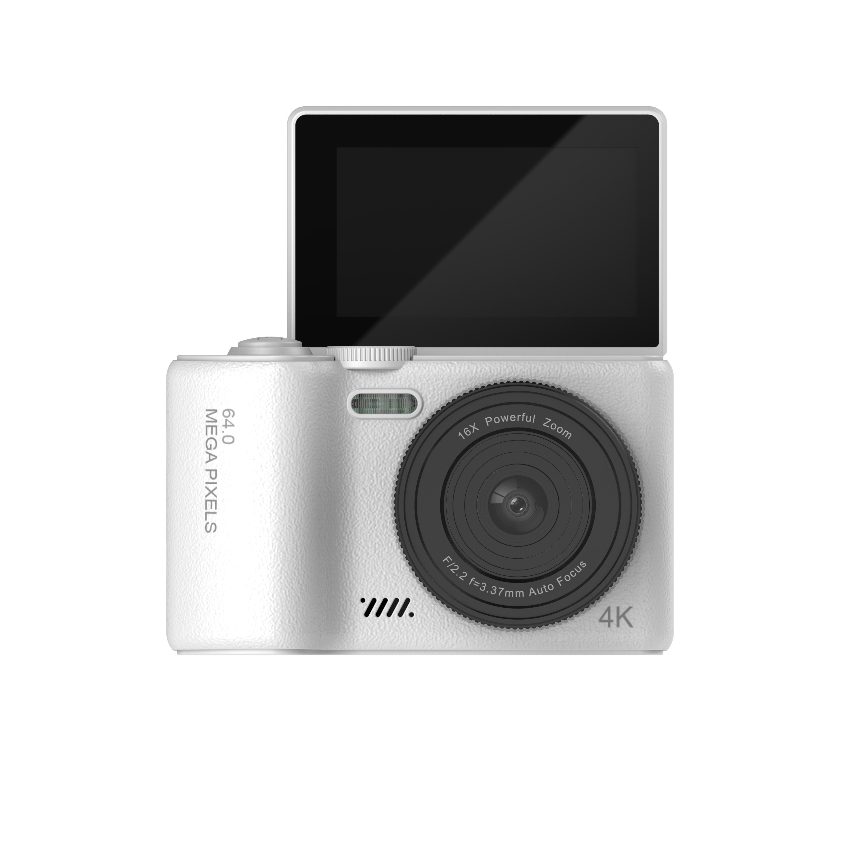 Witte digitale camera met open scherm. Lens en 4K tekst. Witte achtergrond.
