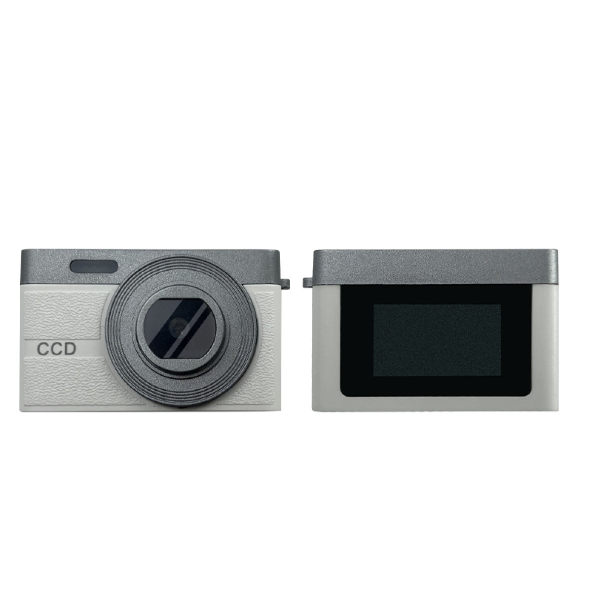 Twee grijze CCD-camera's naast elkaar tegen een witte achtergrond.