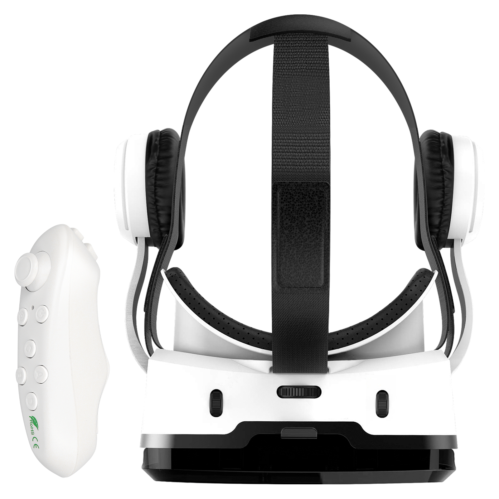 Weißes VR-Headset mit Controller. Headset hat schwarze Details, Controller hat Knöpfe.