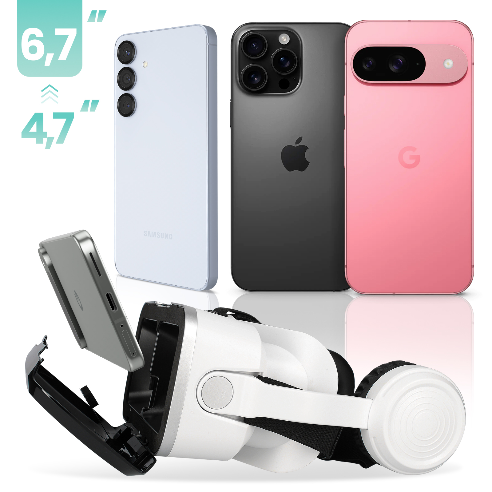 Drei Telefone und ein VR-Headset. Die Telefongrößen sind auf dem Bild angegeben.