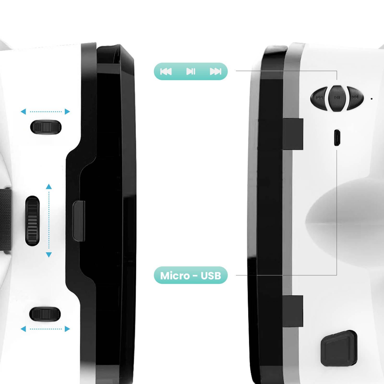 Weißes Gerät mit Tasten und Micro-USB-Anschluss. Pfeile zeigen Bedienelemente für Lautstärke und Navigation.