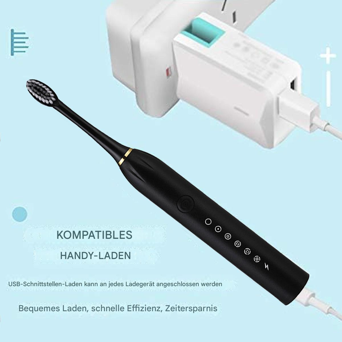 Schwarze elektrische Zahnbürste mit Ladekabel. Text weist auf kompatibles Laden hin.