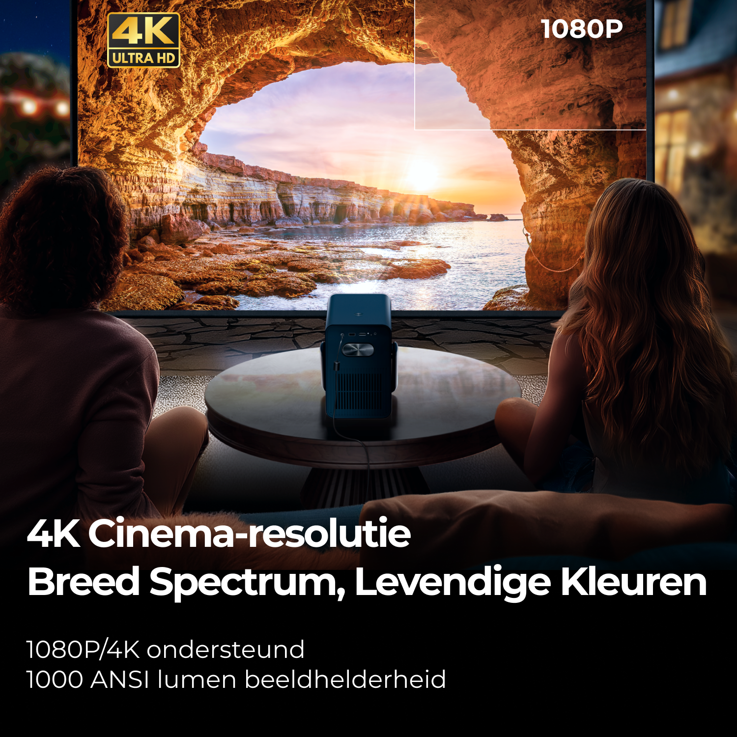 Deux personnes regardent un film projeté sur un écran. Un projecteur est sur une table. L'écran montre une grotte.