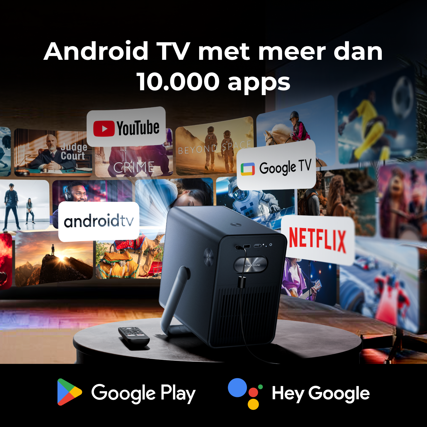 Un projecteur et une télécommande. Diverses icônes d'applications sont visibles sur l'écran en arrière-plan.