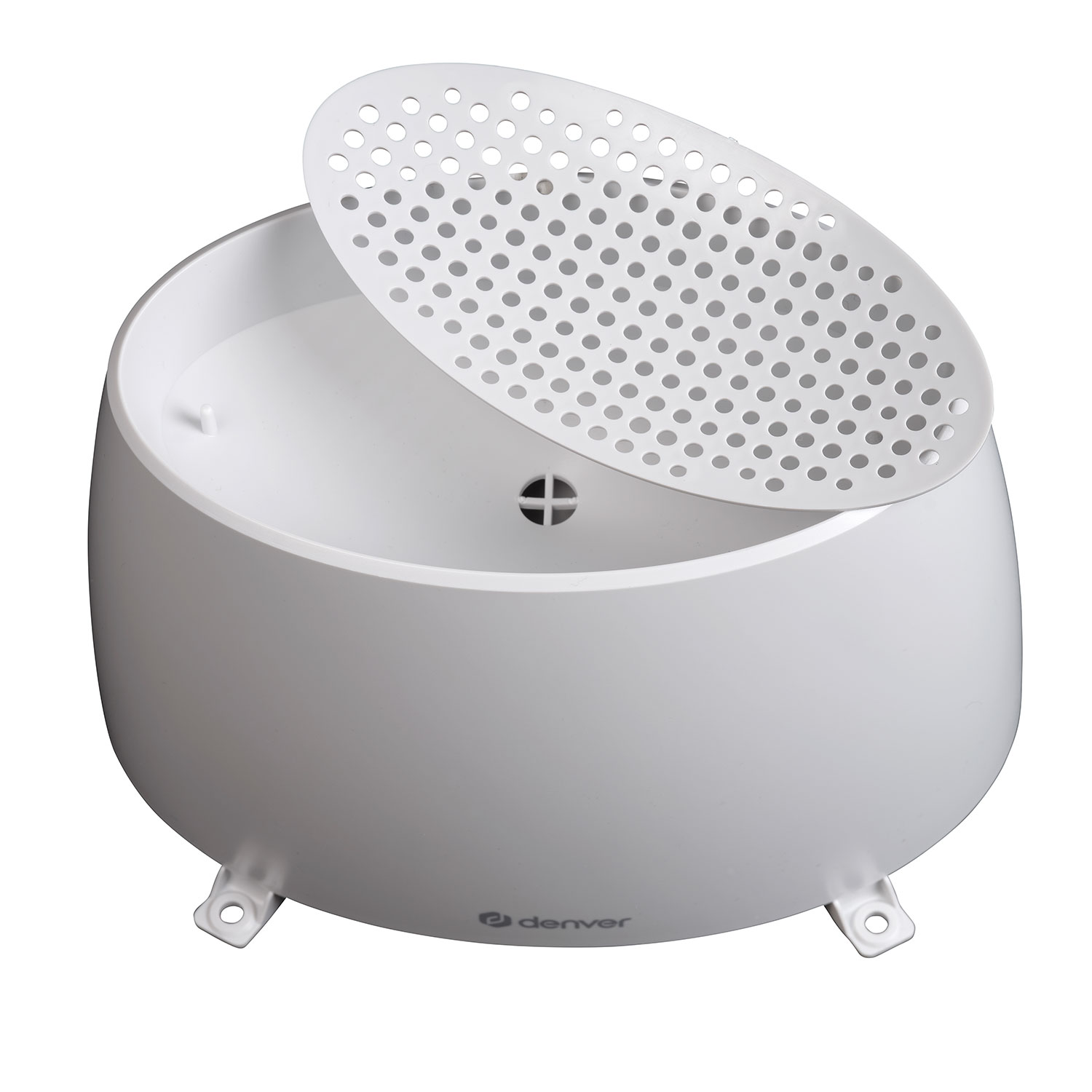 White oval-shaped container with a perforated lid and three small legs.