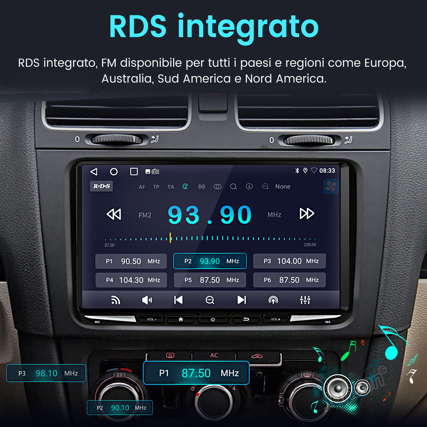 Schermo autoradio con visualizzazione di 93,90 MHz, con altre opzioni.