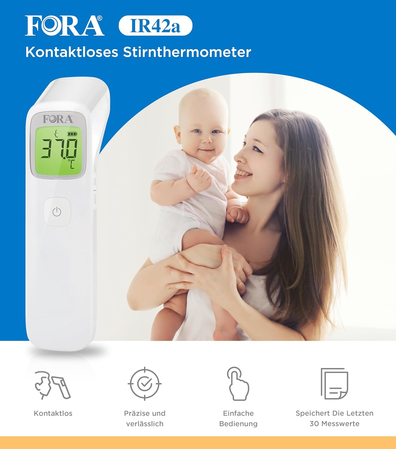 Termómetro midiendo la temperatura de la frente de un bebé, sostenido por una madre sonriente.