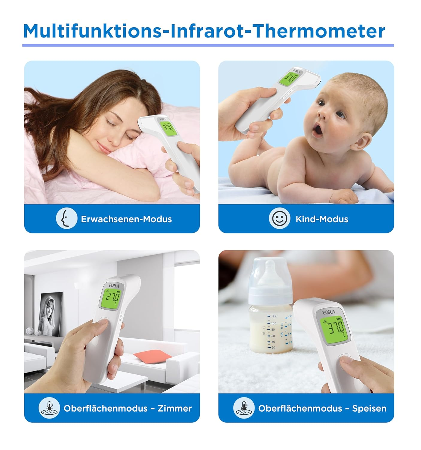 Imágenes que muestran diferentes usos de un termómetro, incluyendo para una persona durmiendo, un bebé y midiendo alimentos.