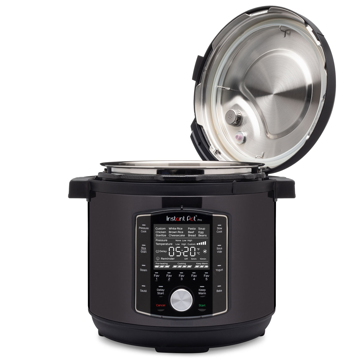 Black Instant Pot Pro with open lid, digital display showing timer and cooking settings, and control panel.