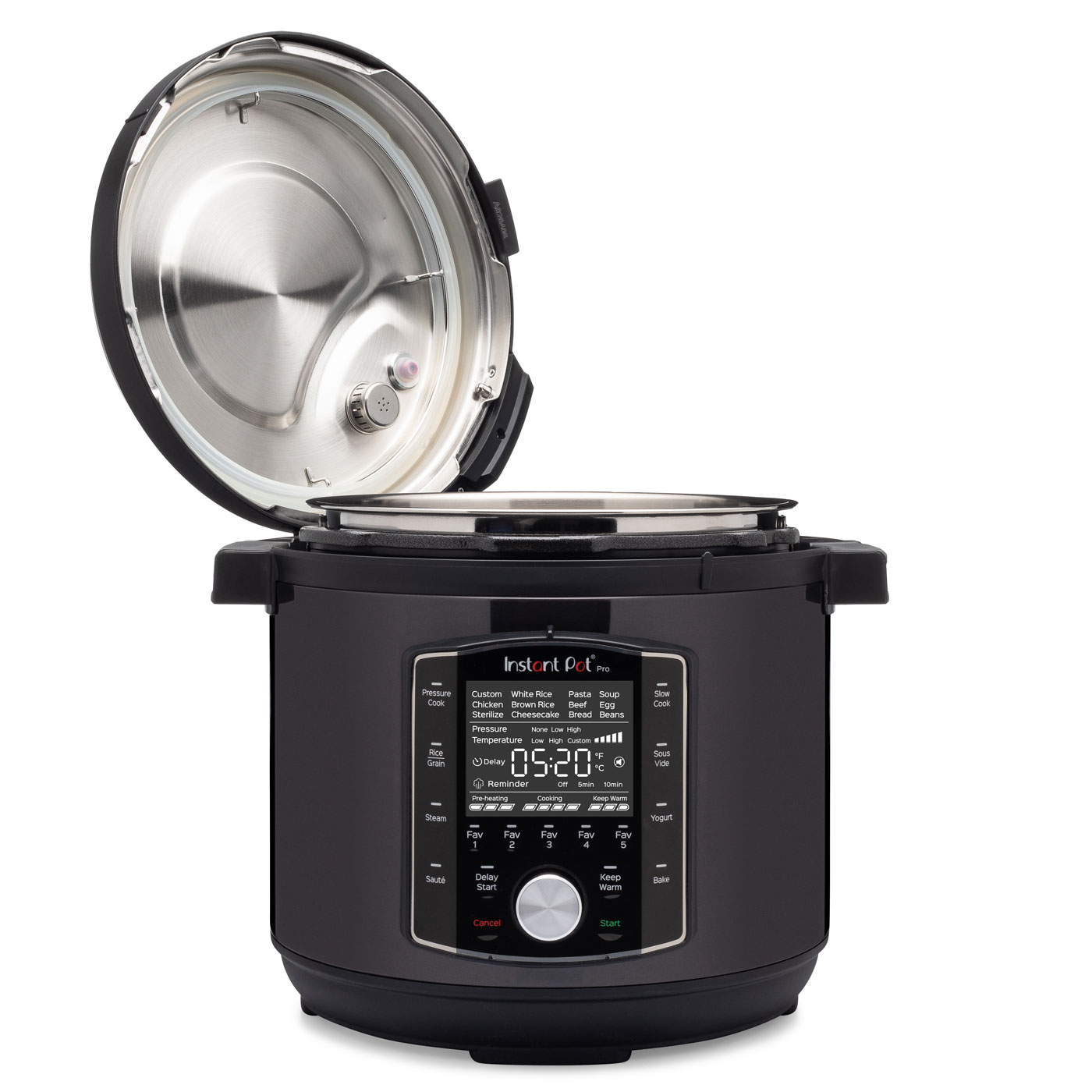 Black Instant Pot Pro with lid open, showing control panel and digital display with timer and settings.