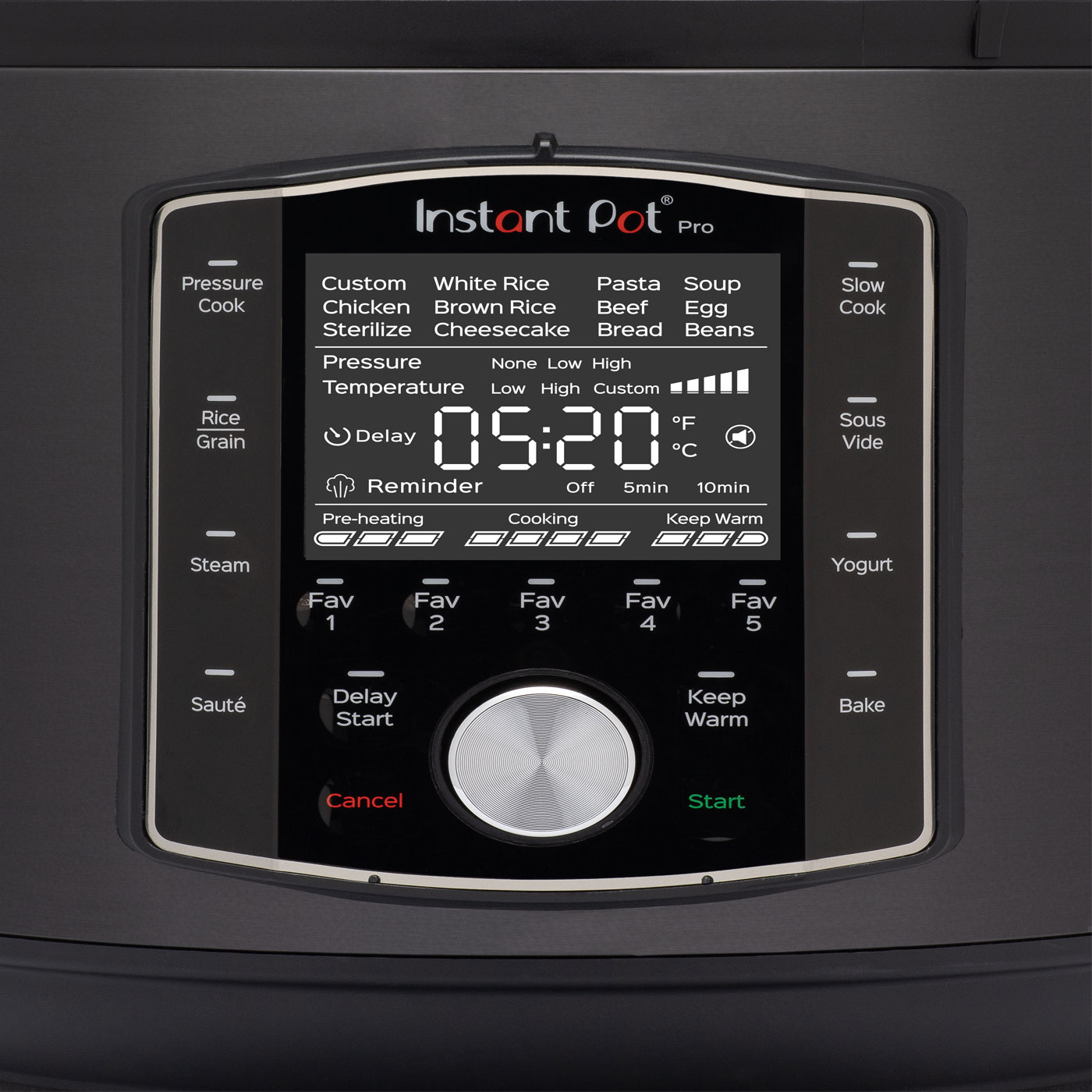 Close-up of Instant Pot Pro control panel with display showing timer and cooking options with buttons.