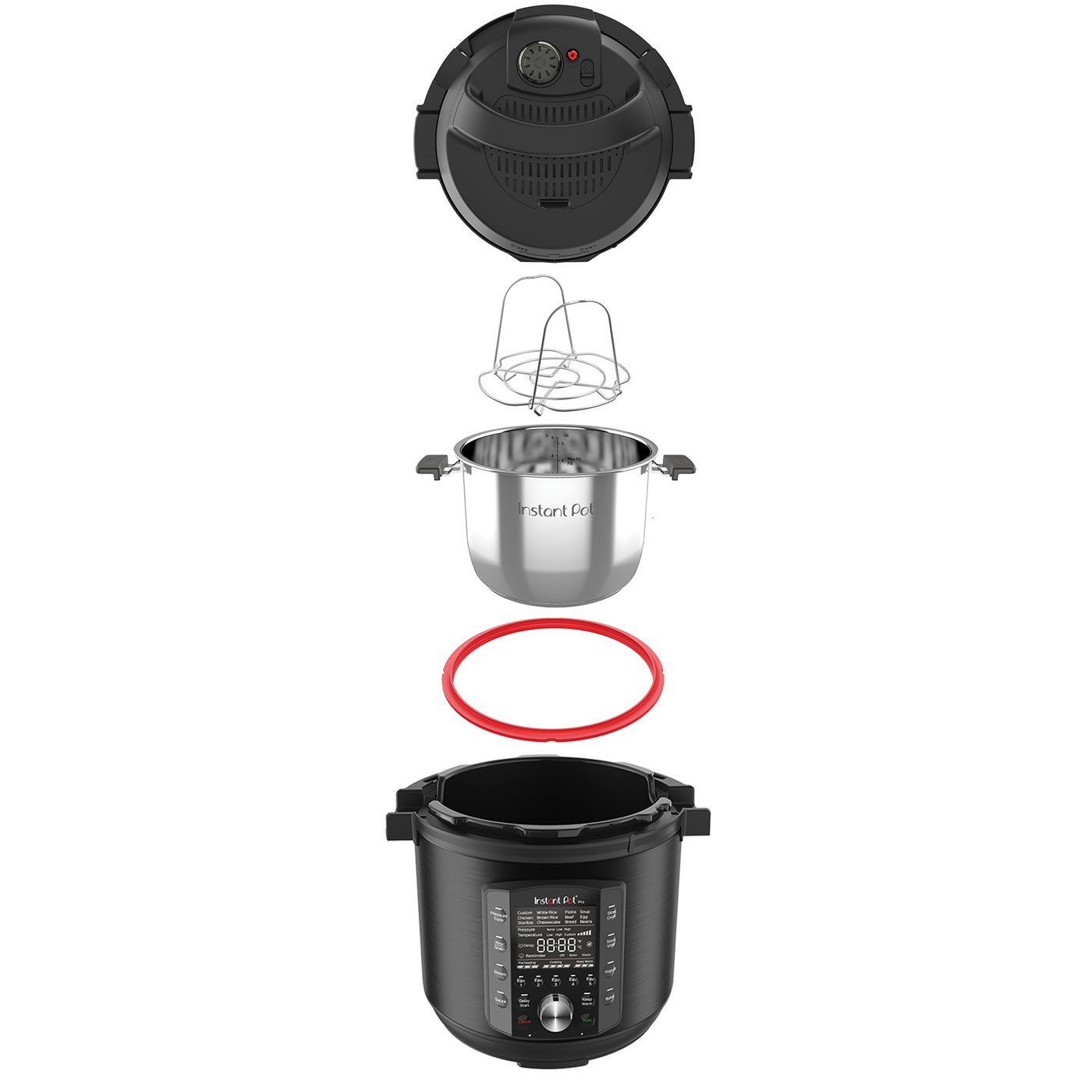 Disassembled Instant Pot showing parts: lid, rack, inner pot, red ring, and base with control panel.