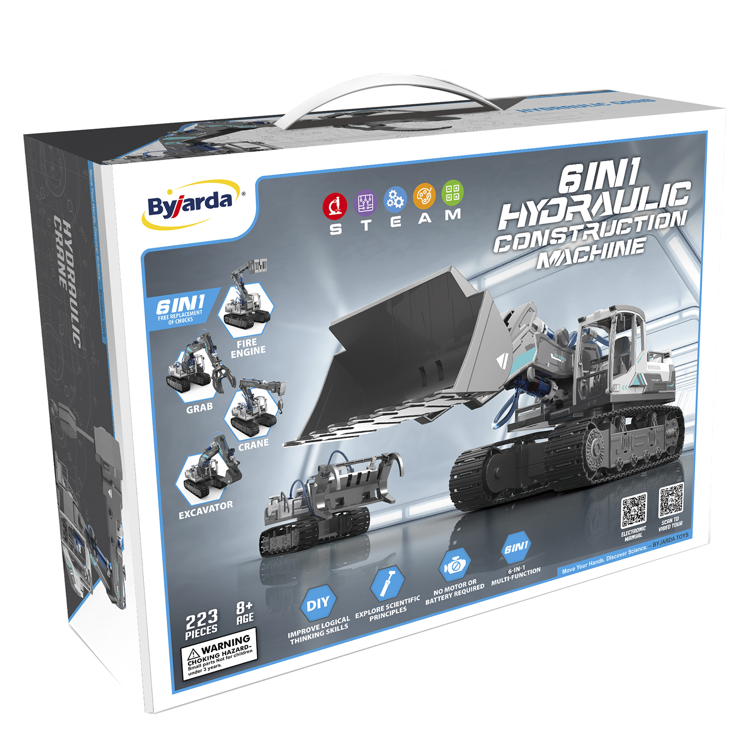 Karton einer 6-in-1 hydraulischen Konstruktionsmaschine mit Bildern des Spielzeugs und seiner Funktionen.
