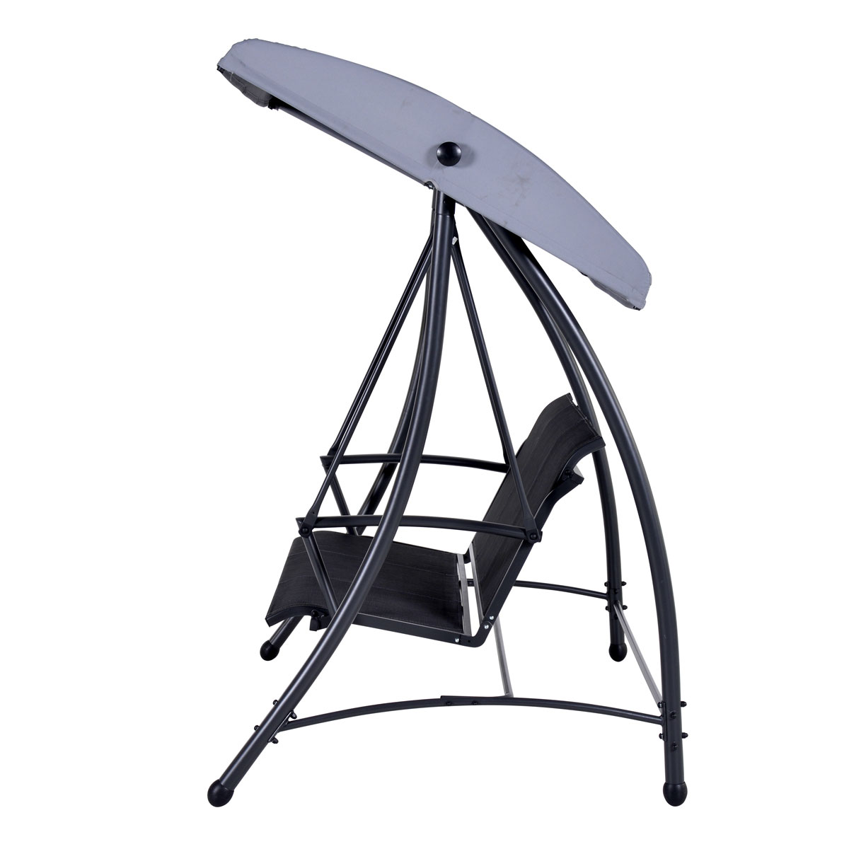 Chaise à bascule grise avec auvent gris. Cadre et pieds noirs. Fond blanc.