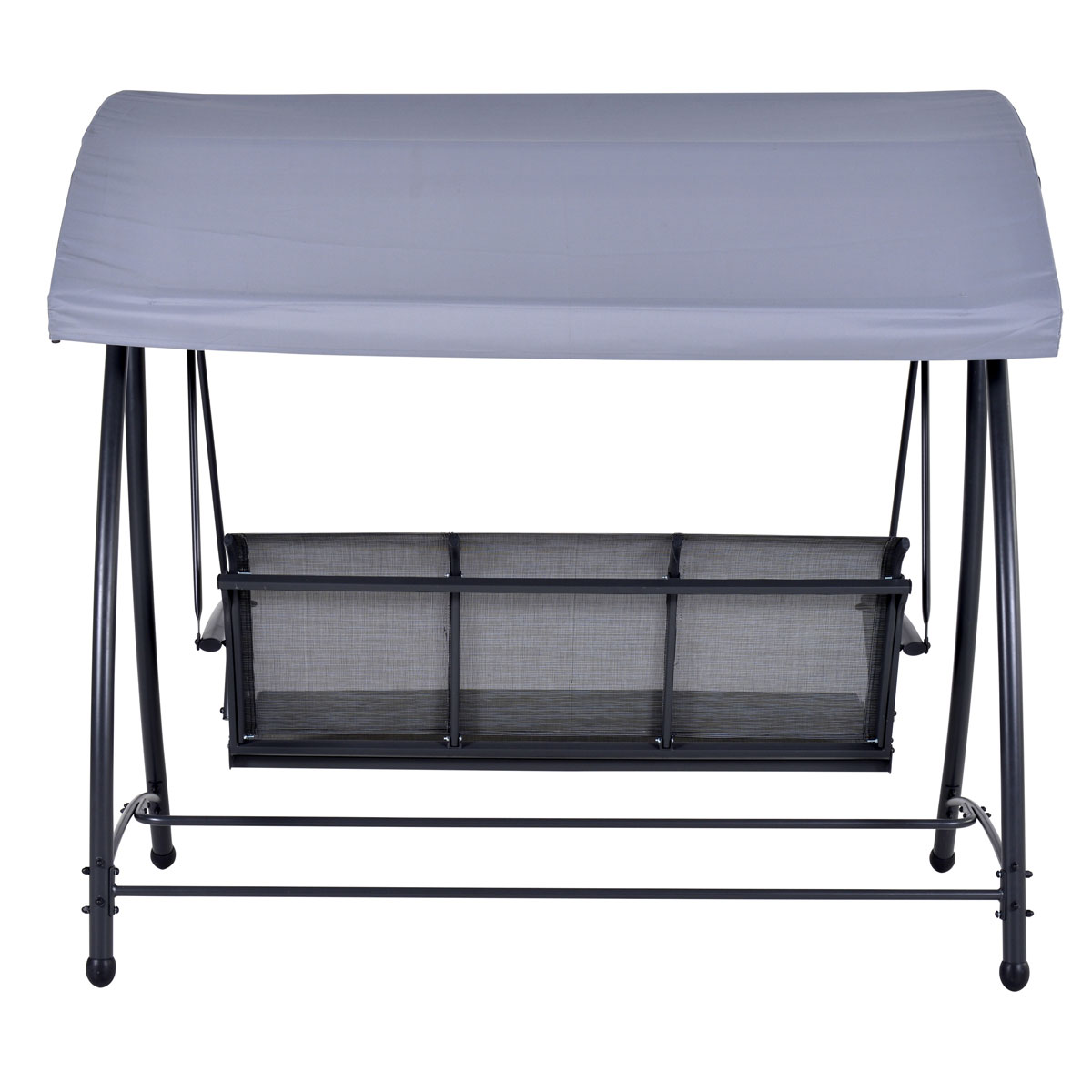Chaise à bascule grise avec auvent gris. Cadre et pieds noirs. Fond blanc.