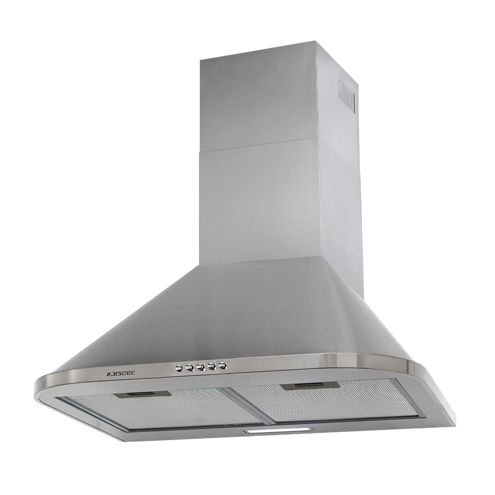 Campana extractora de acero inoxidable con logo JOCEL, filtros de malla y botones.