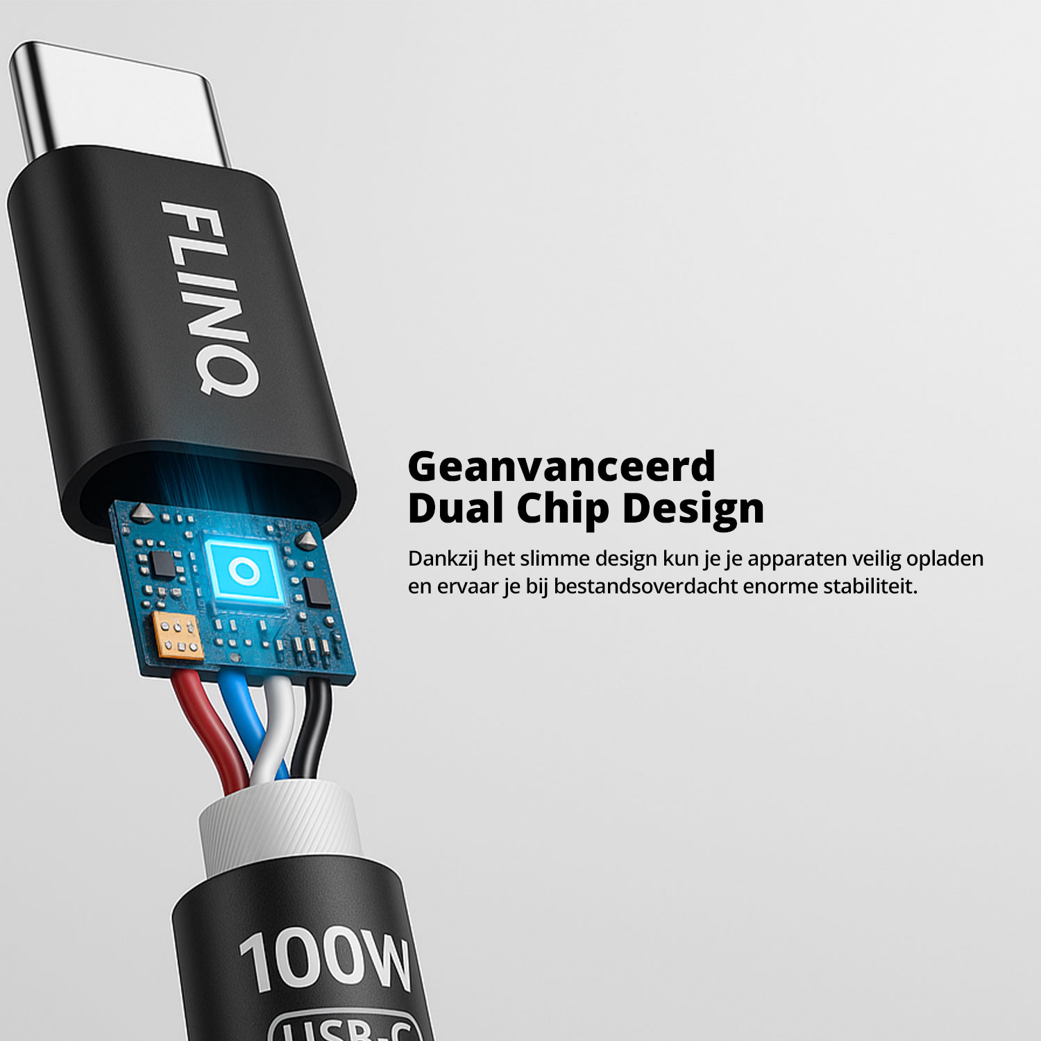 USB-C cable with FLINQ logo. Dual chip design is highlighted, with exposed internal components.