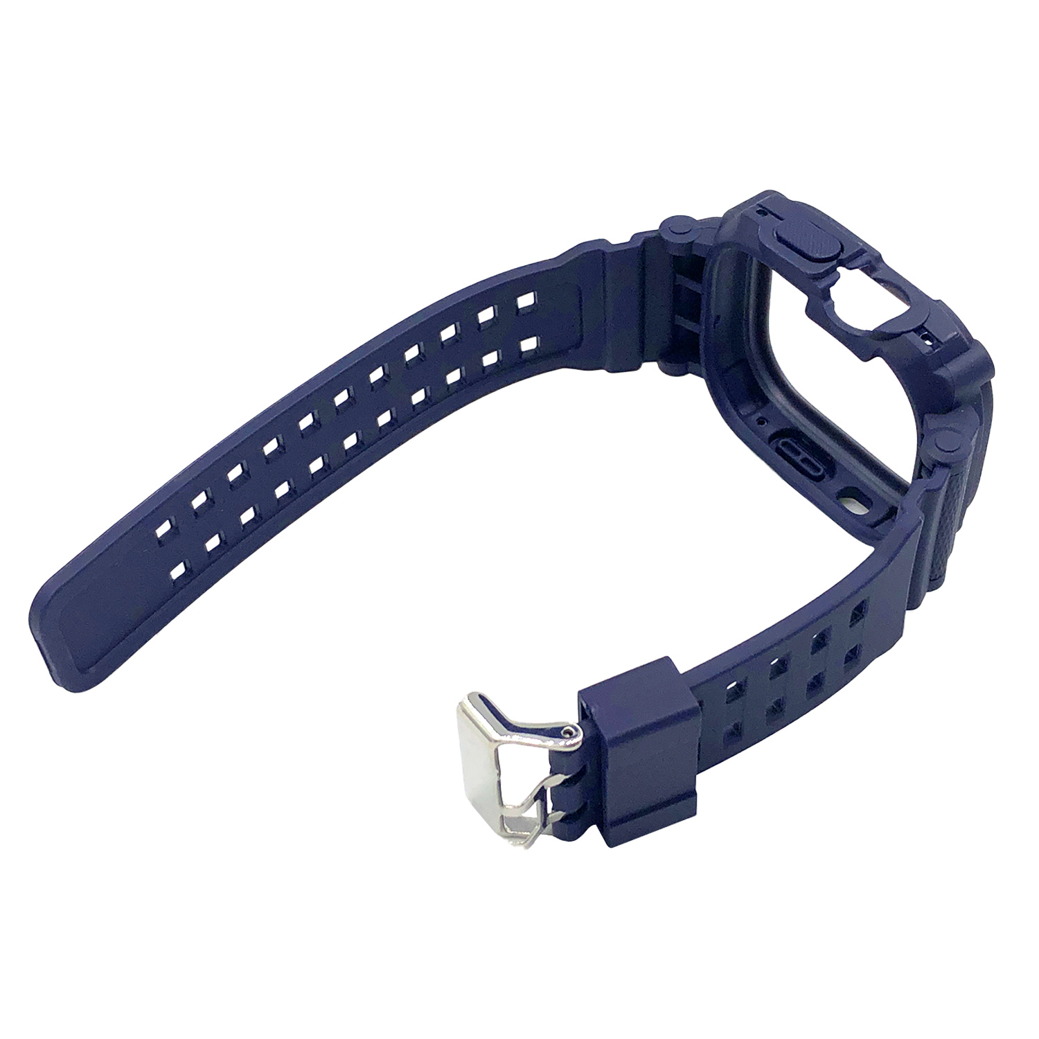Dunkelblaues Uhrenarmband mit Schnalle und Verschluss, mit Aussparung für das Zifferblatt.