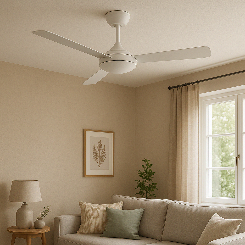Un ventilatore da soffitto bianco con tre pale, contro un muro beige, con finestra, divano e lampada.