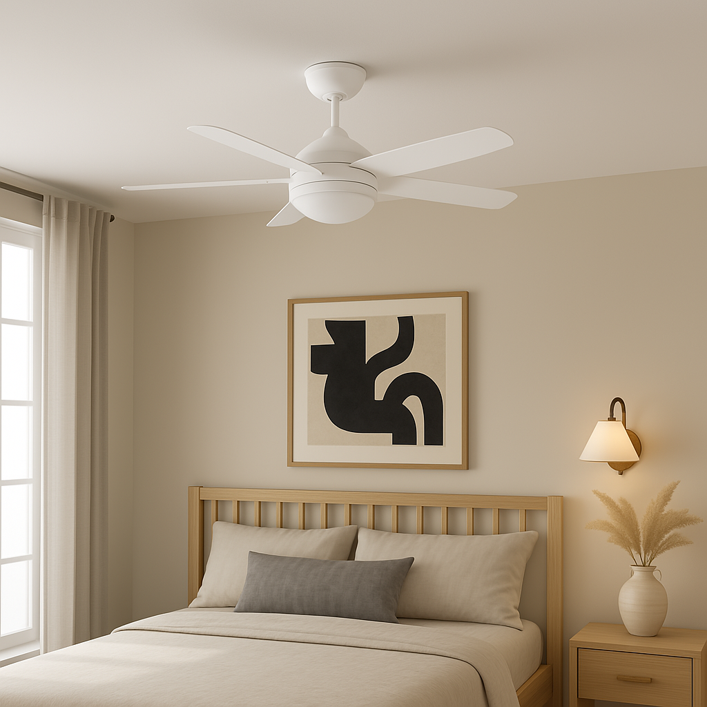 Camera da letto con ventilatore da soffitto bianco, letto, pareti beige, arte incorniciata e comodino.