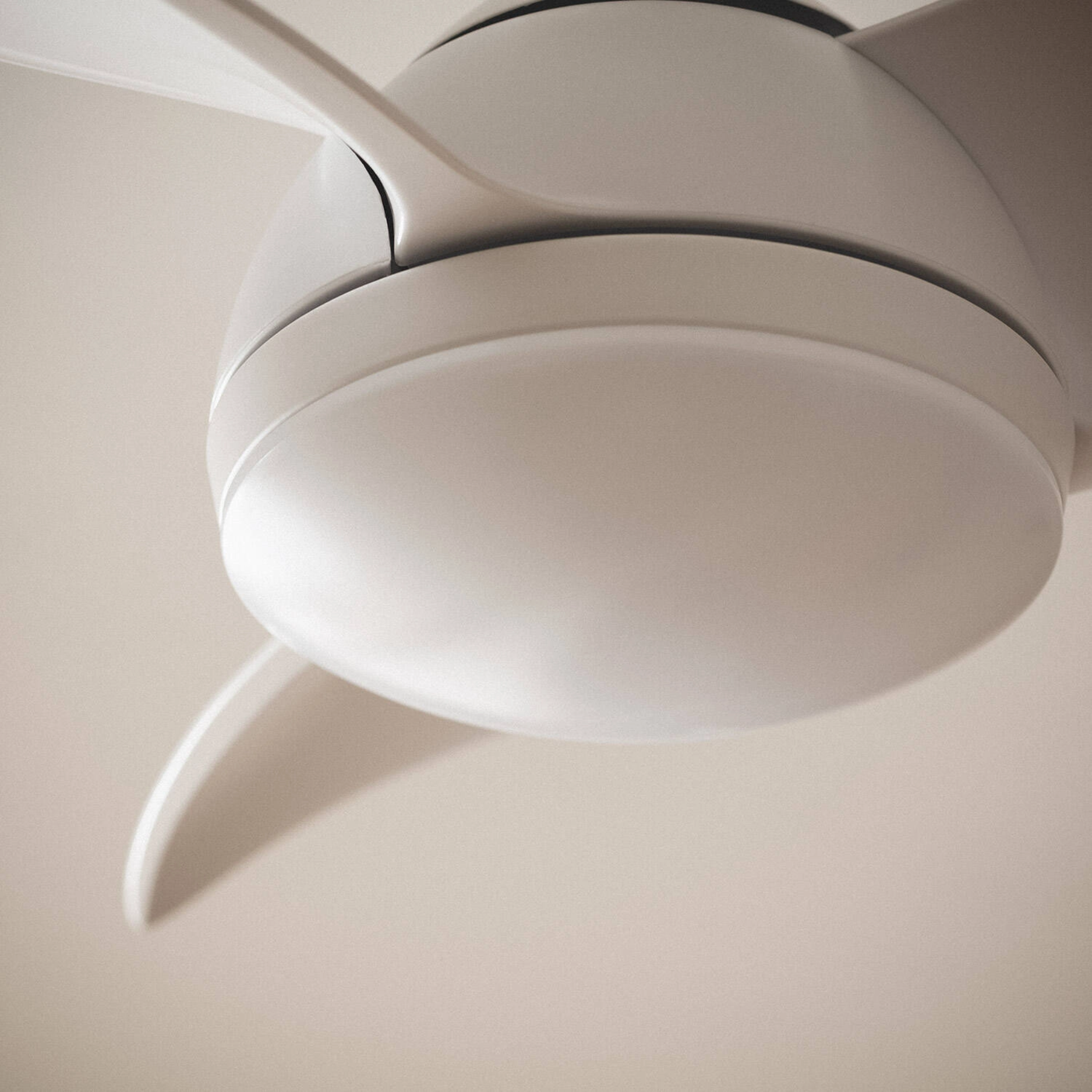 Primo piano dell'alloggiamento del motore e delle pale di un ventilatore da soffitto bianco, illuminato dal basso.