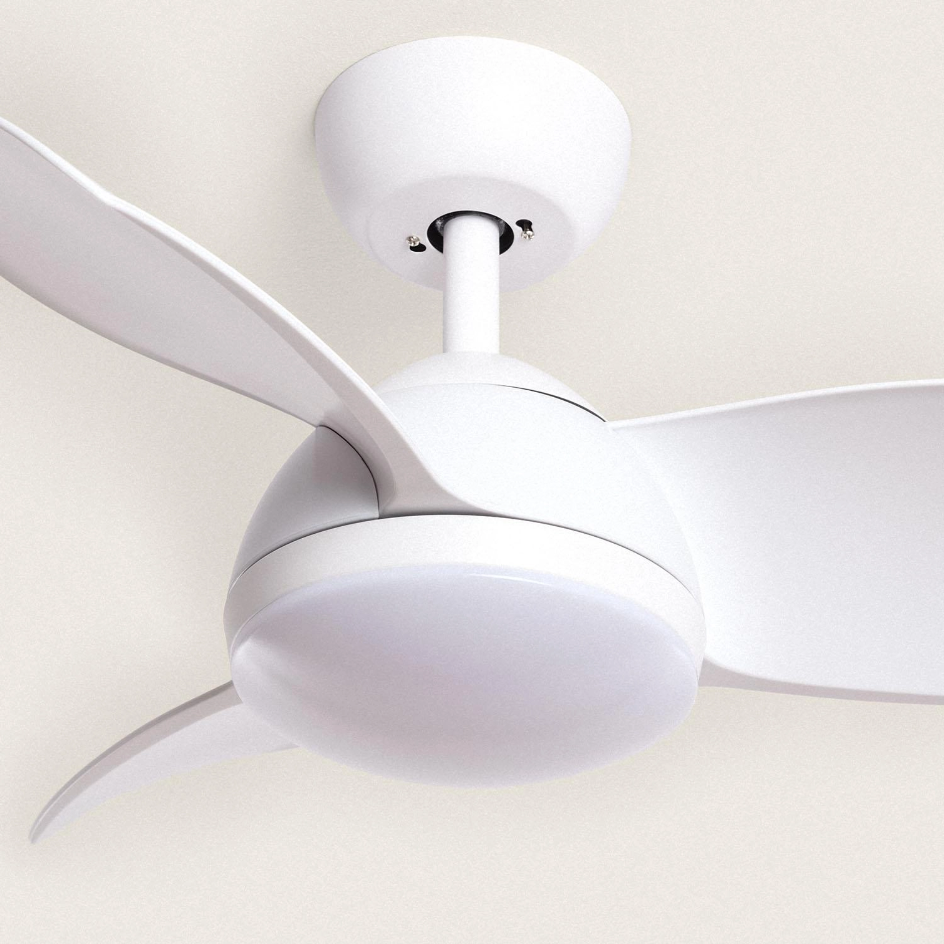 Ventilatore da soffitto bianco con tre pale e un apparecchio di illuminazione, ripresa ravvicinata.