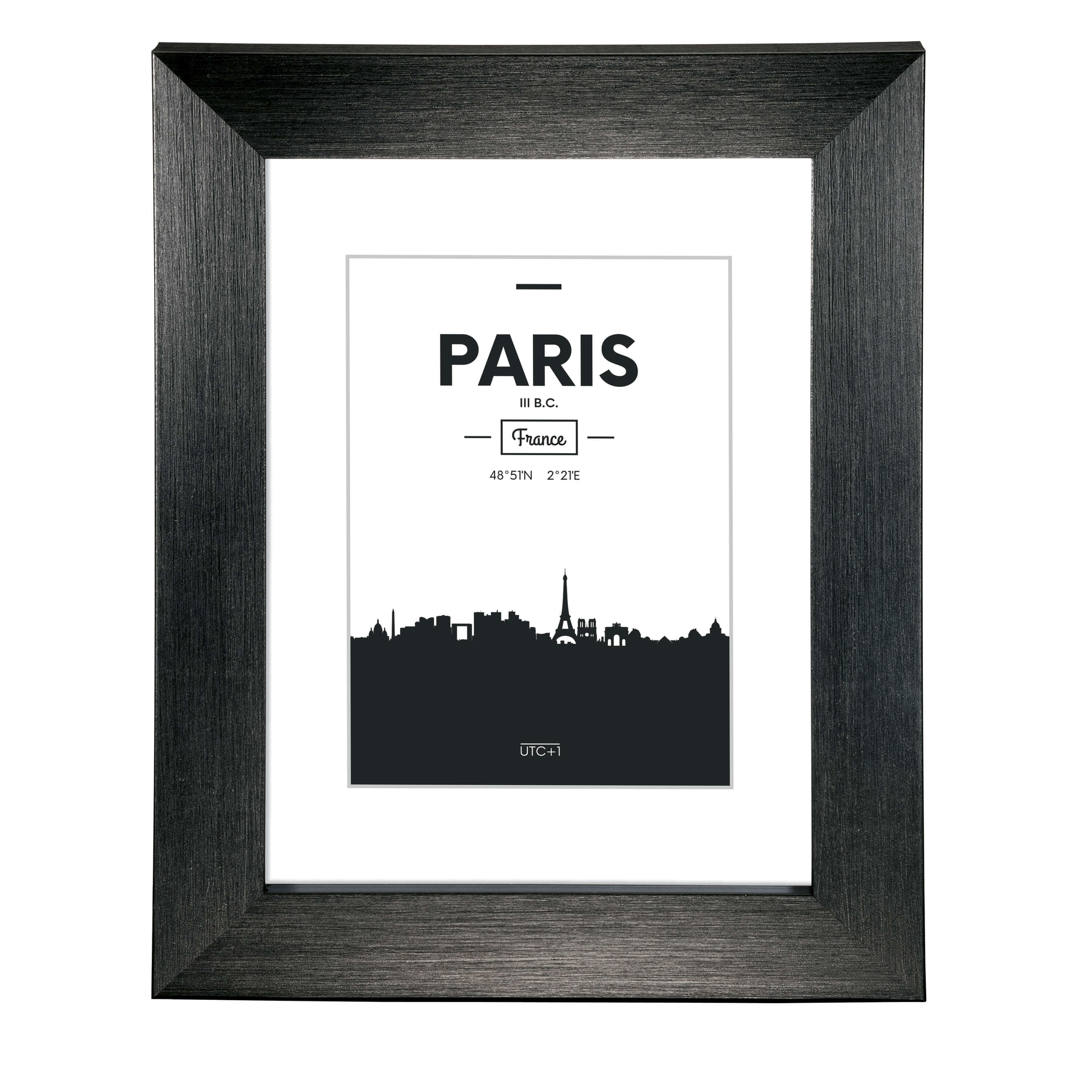 Gerahmter Kunstdruck mit dem Wort 'PARIS' und Koordinaten, schwarzer Rahmen und weißer Hintergrund.
