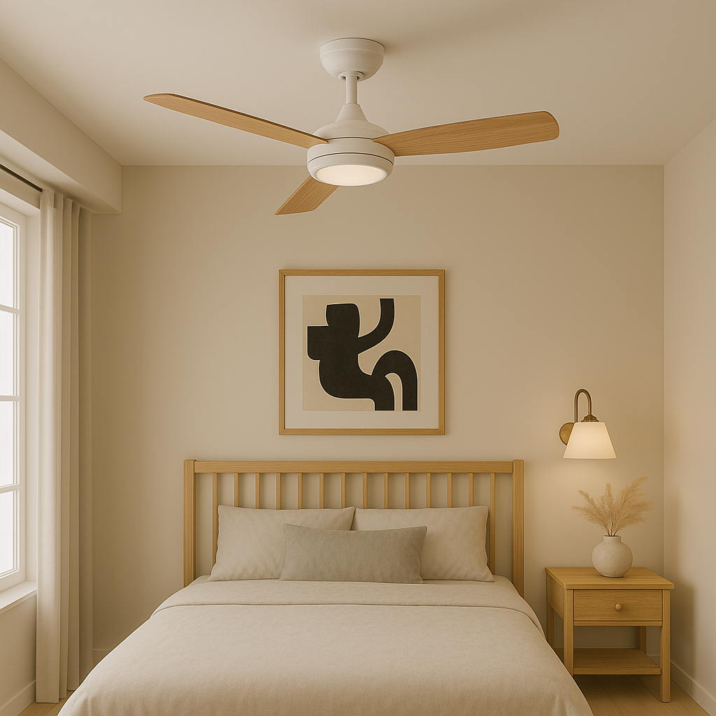 Camera da letto con un letto e un ventilatore a soffitto. Il ventilatore è bianco con pale marroni chiare. Un'immagine è appesa sopra il letto.
