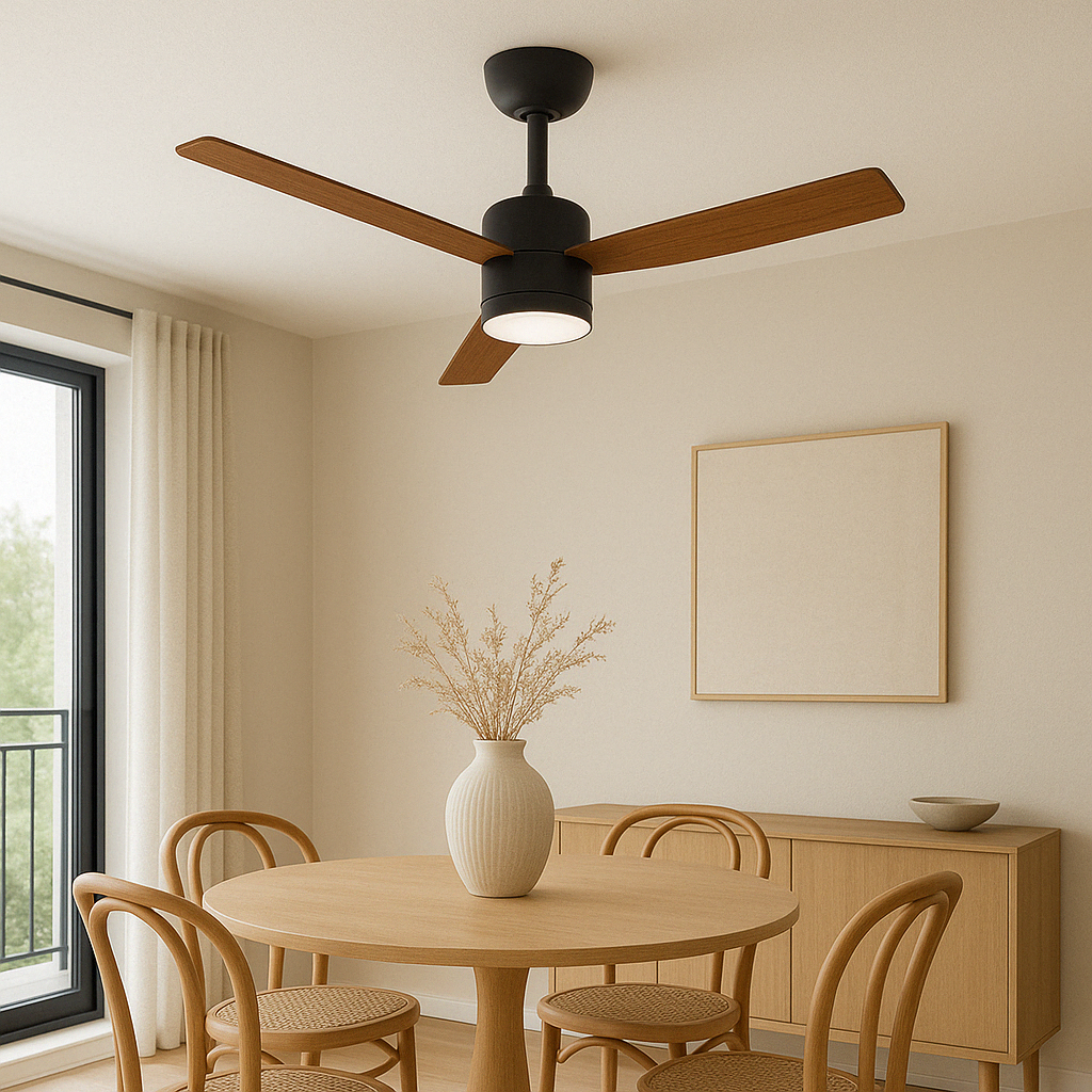 Una sala da pranzo con un tavolo e un ventilatore a soffitto. Il ventilatore è nero con pale marroni. Un'immagine è appesa al muro.