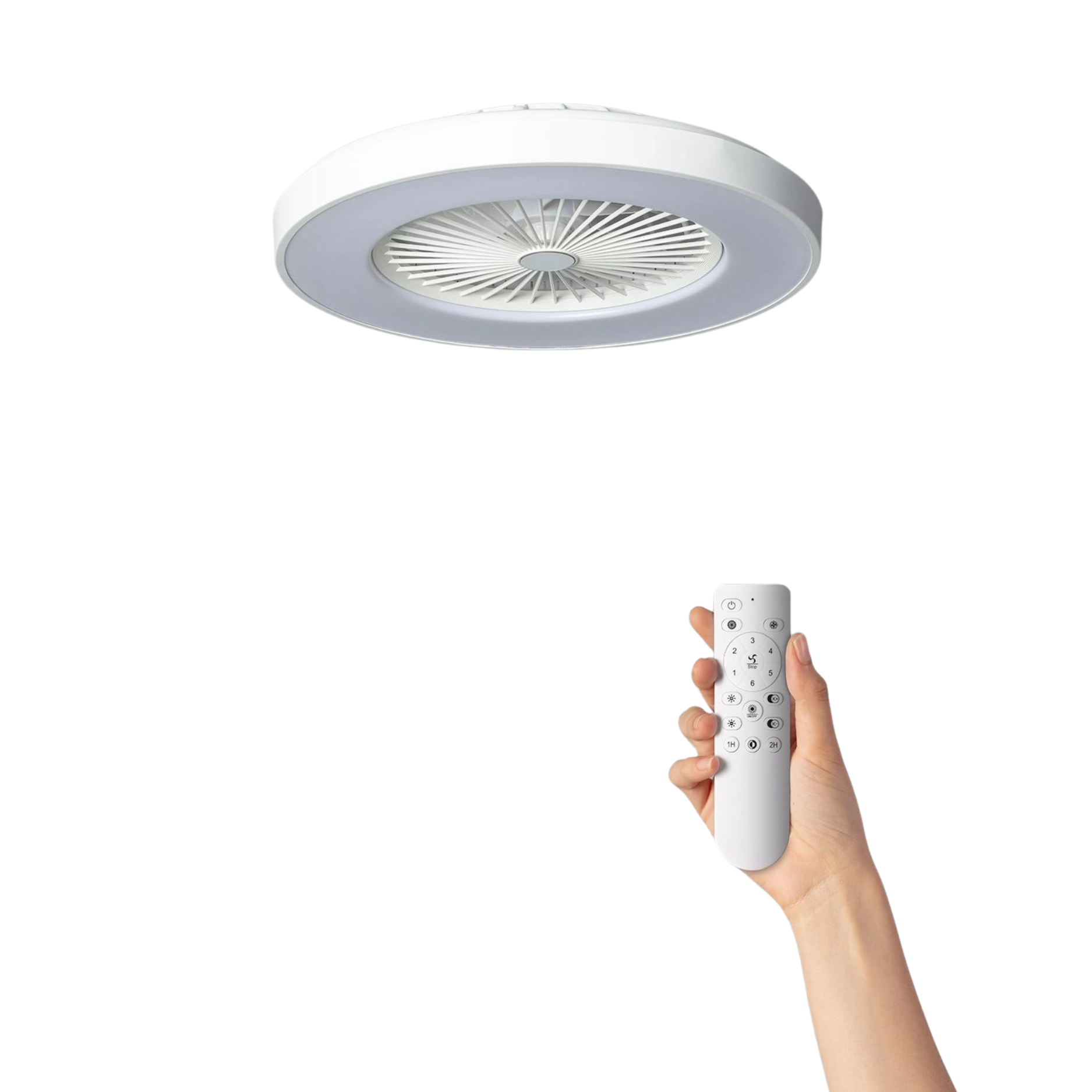 Ventilatore da soffitto bianco con luce e telecomando. Il ventilatore ha una luce ad anello. Il telecomando è in una mano.