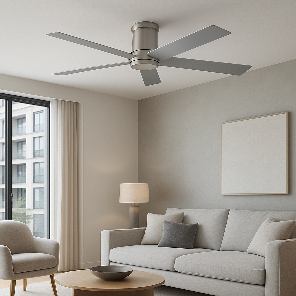 Ventilatore da soffitto con cinque pale. Il ventilatore è in un soggiorno con un divano, opere d'arte e una lampada.