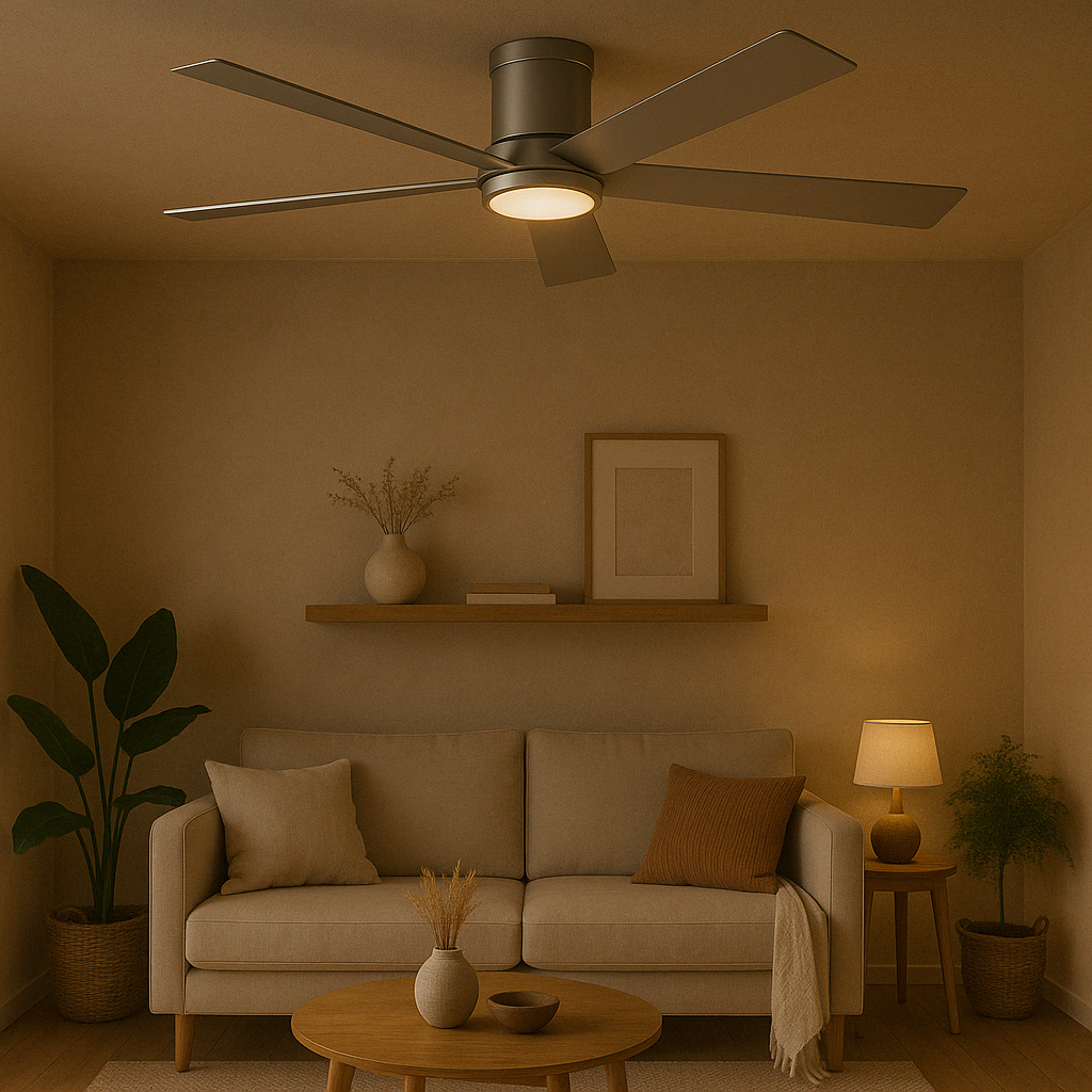 Ventilatore da soffitto con cinque pale. Il ventilatore è in un soggiorno. La stanza ha un divano, una lampada e una pianta.